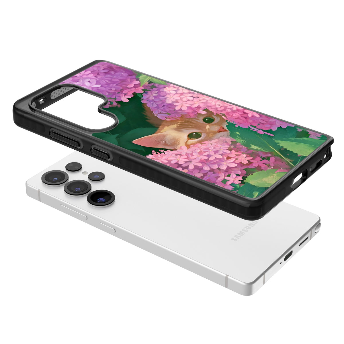Cat In Pink Flowers Samsung S25 Ultra / Samsung S26 Ultra Impact Black Phone Case angled