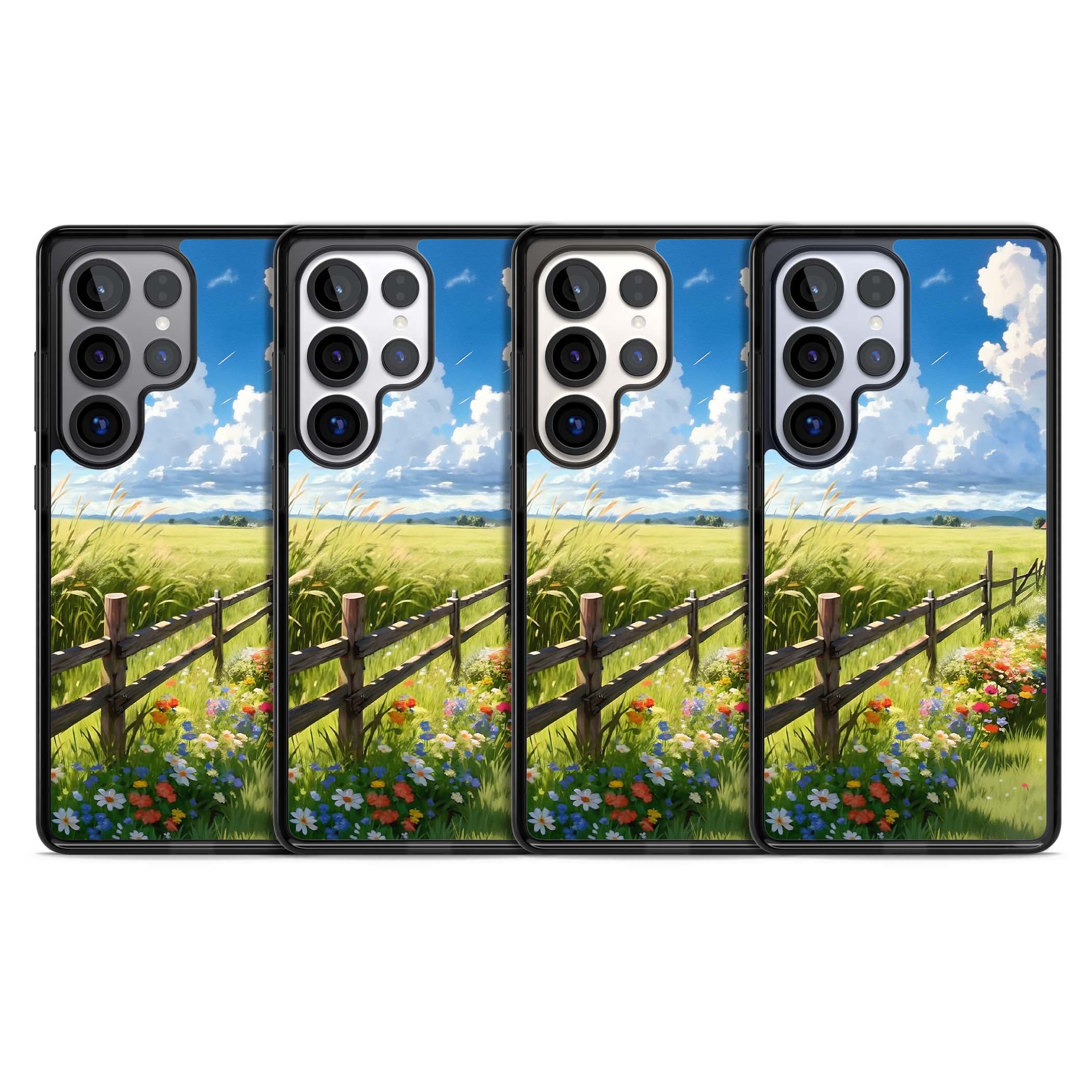 A Countryside Afternoon cottagecore iPhone case featuring a painted countryside meadow, wooden fence, and wildflowers beneath | Black Impact case for Samsung Galaxy S25 Ultra