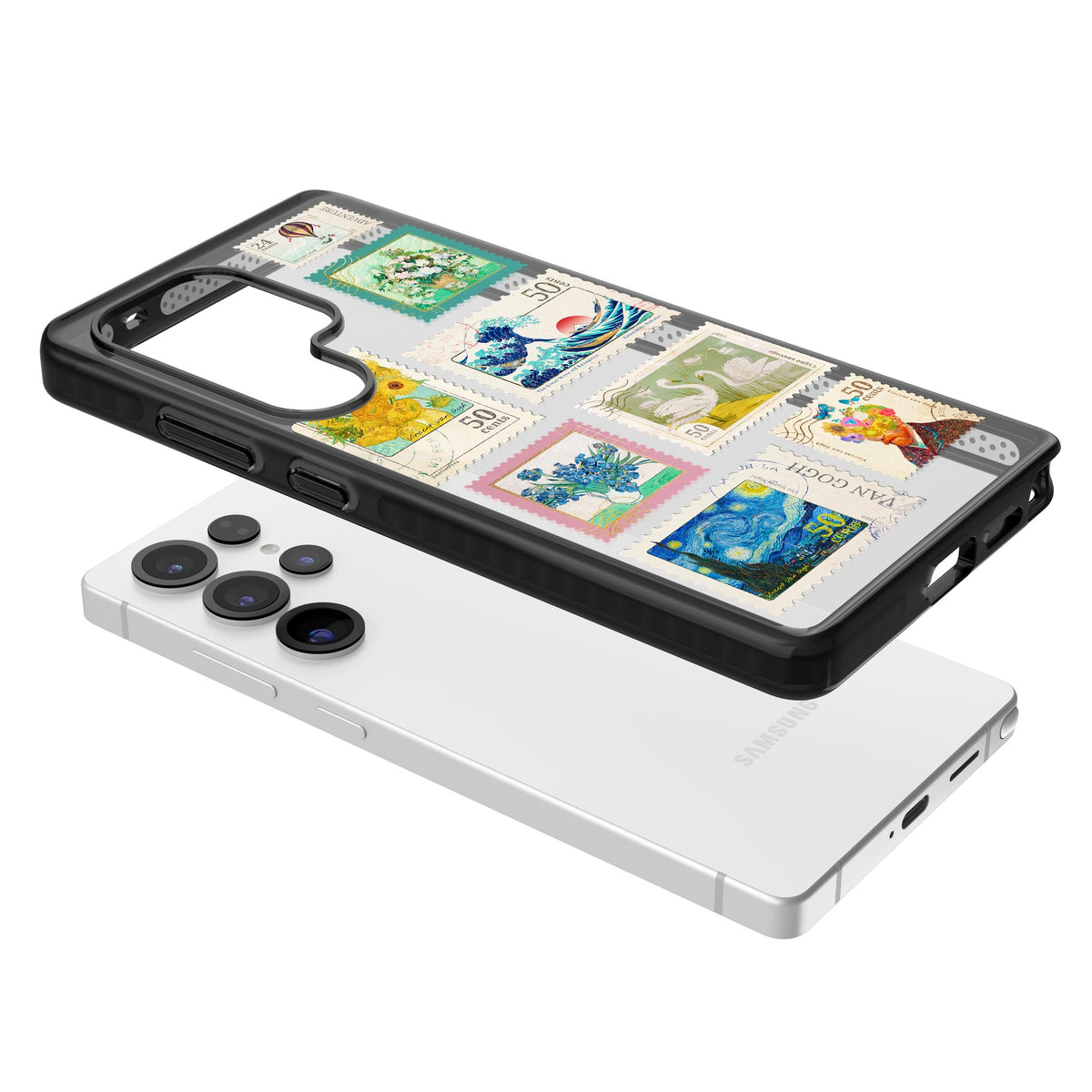 Vintage Art Stamps Samsung S25 Ultra / Samsung S26 Ultra Impact Black Phone Case angled
