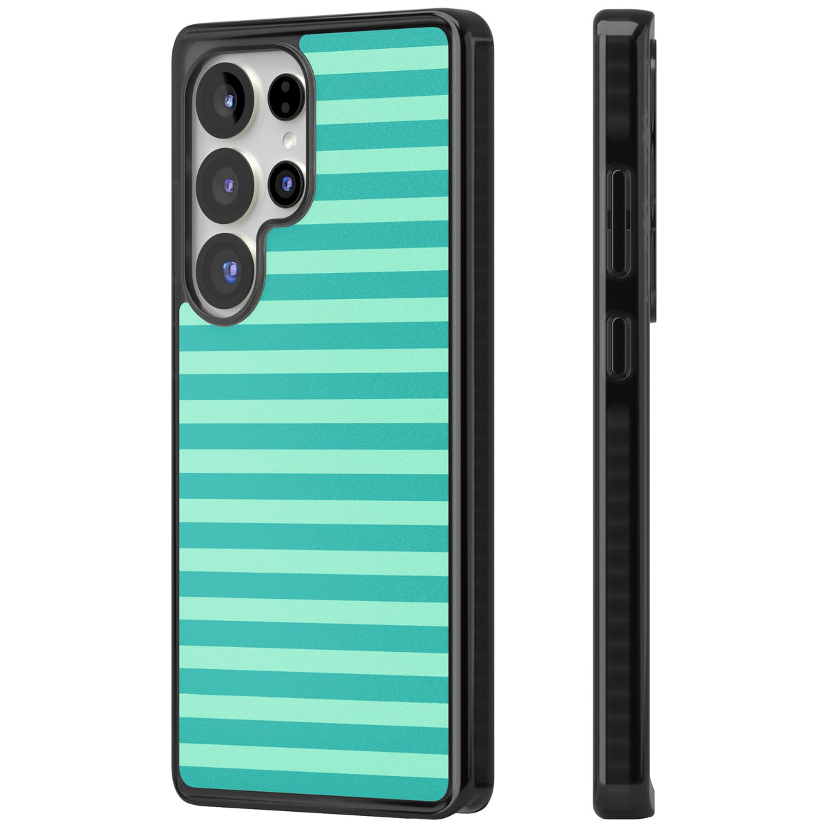 Turquoise Stripe preppy iPhone case featuring horizontal teal and mint green stripes on a black protective frame Samsung S25 Ultra / Samsung S26 Ultra Impact Black Phone Case side