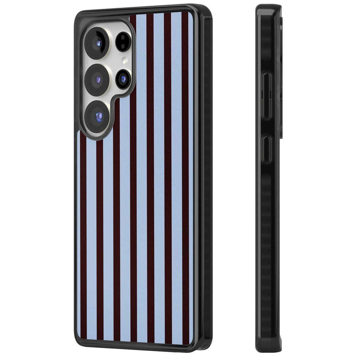 Blackcurrant Stripe preppy iPhone case featuring vertical burgundy and light blue stripes in a classic pinstripe layout Samsung S25 Ultra / Samsung S26 Ultra Impact Black Phone Case side