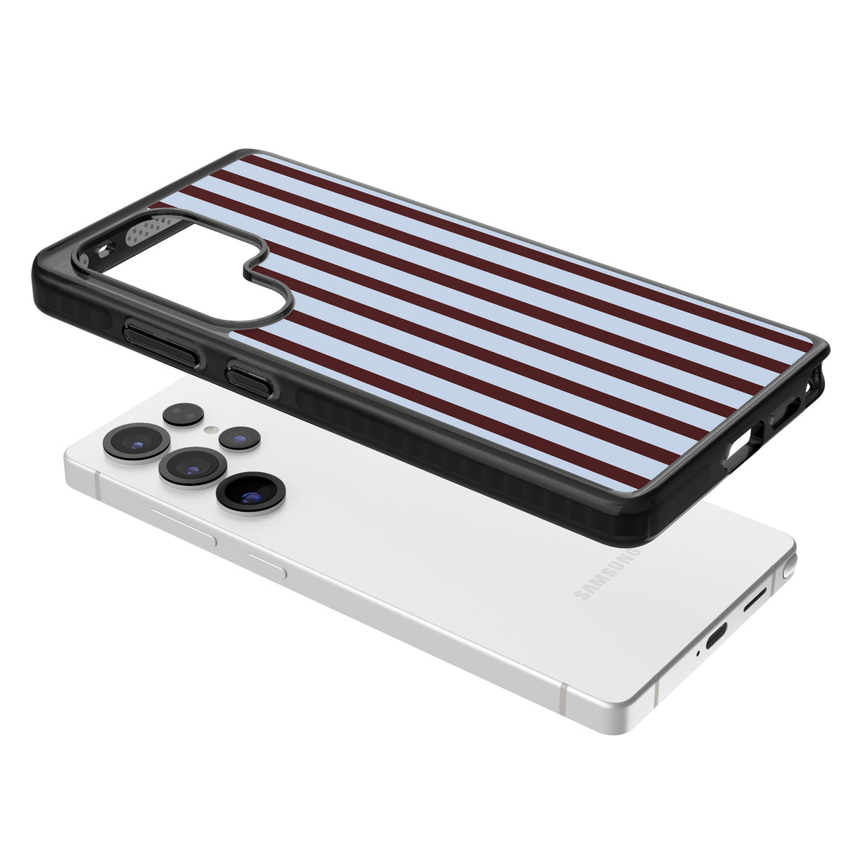 Blackcurrant Stripe preppy iPhone case featuring vertical burgundy and light blue stripes in a classic pinstripe layout Samsung S25 Ultra / Samsung S26 Ultra Impact Black Phone Case angled