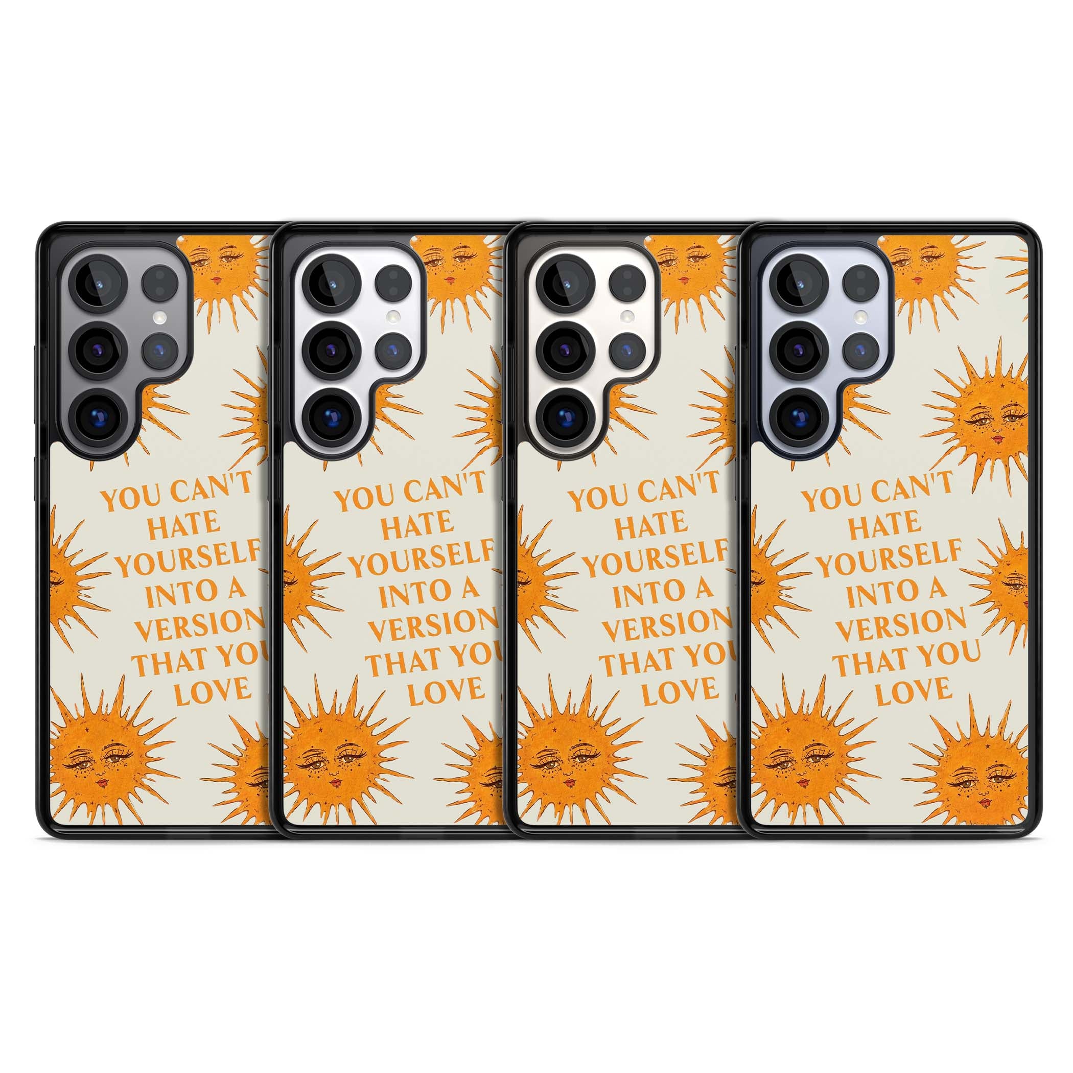 Don't Hate Yourself celestial iPhone case featuring vintage sun faces, ochre rays and a self-love quote | Black Impact case for Samsung Galaxy S25 Ultra
