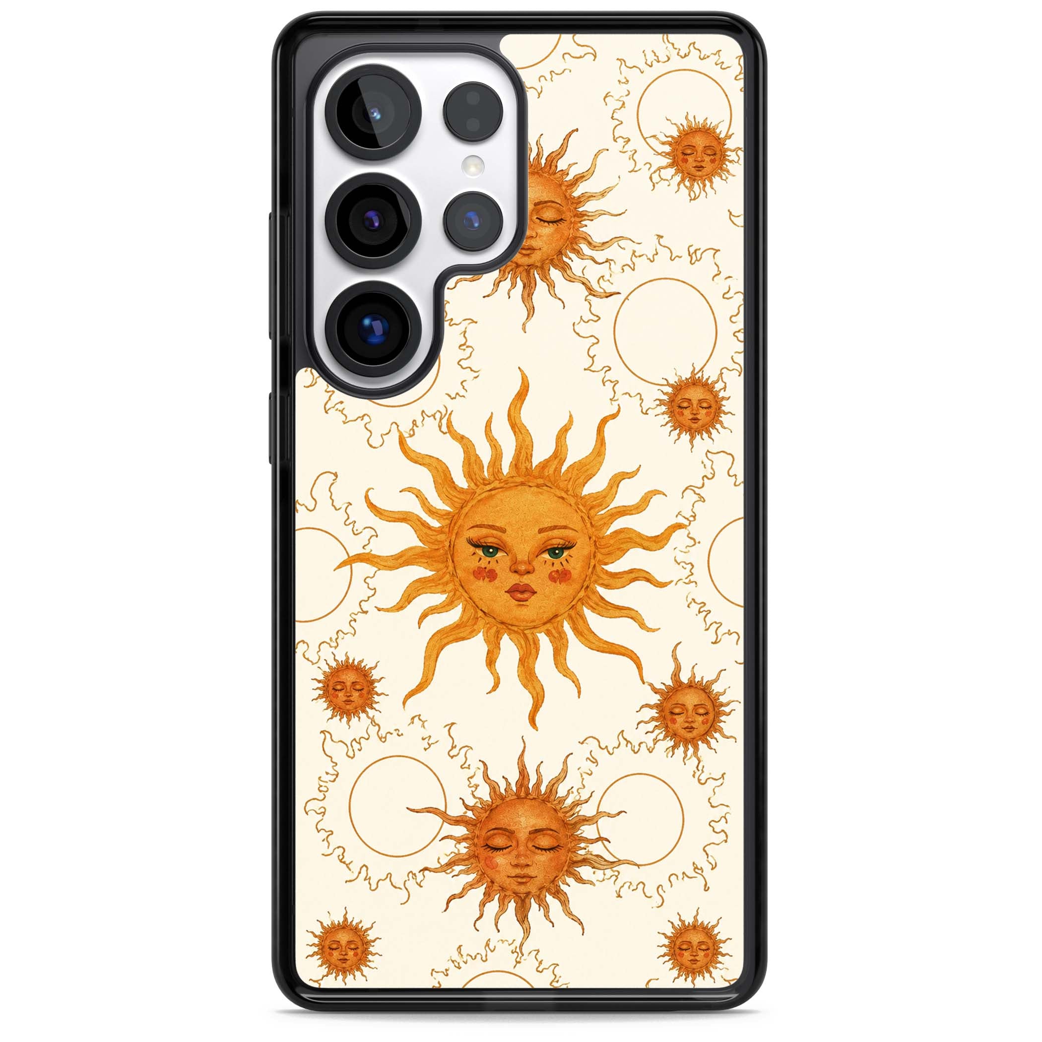 Solstice Muse celestial iPhone case featuring hand-painted golden sun faces, closed-eye sun goddesses and outlined moons... | Black Impact case for Samsung Galaxy S25 Ultra
