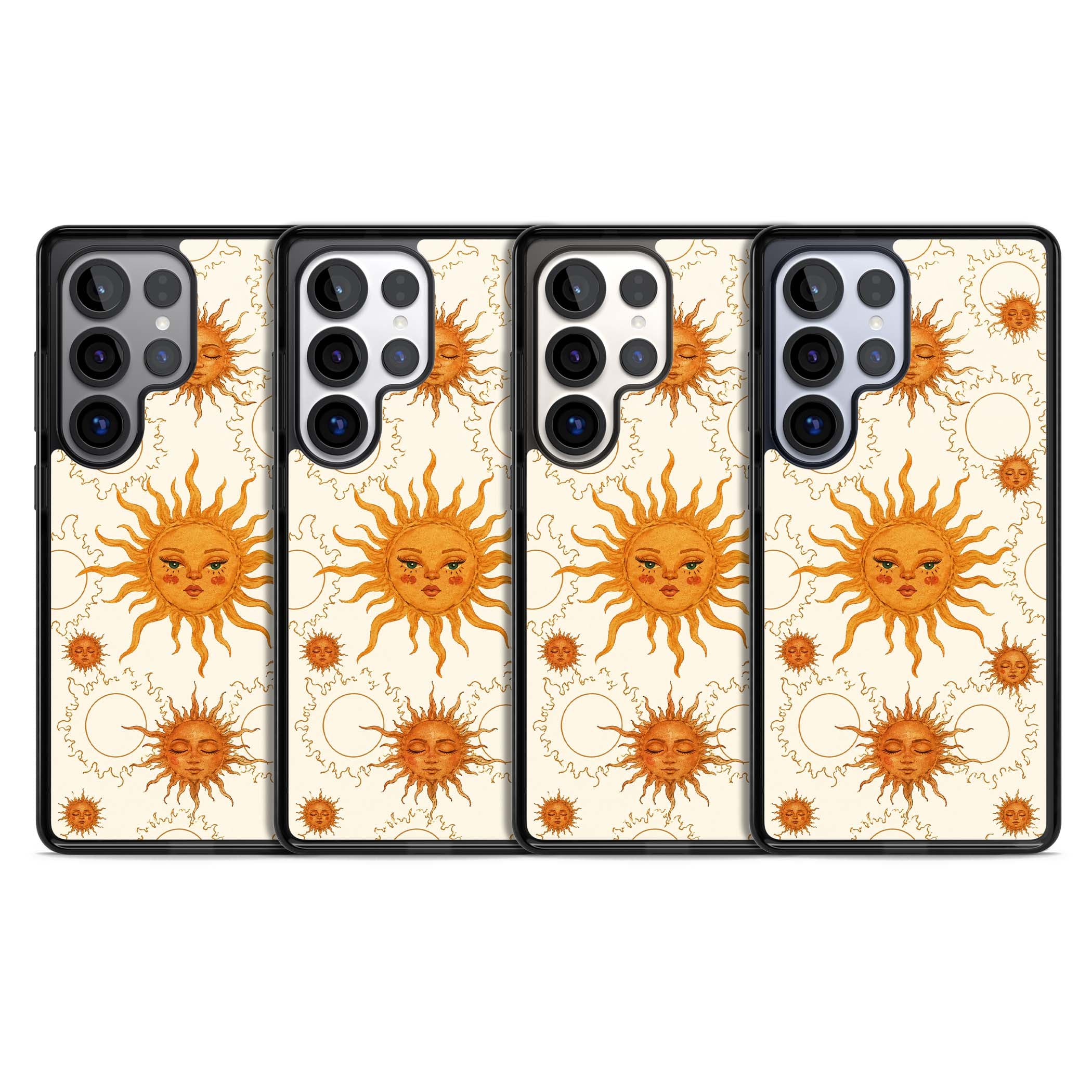 Solstice Muse celestial iPhone case featuring hand-painted golden sun faces, closed-eye sun goddesses and outlined moons... | Black Impact case for Samsung Galaxy S25 Ultra