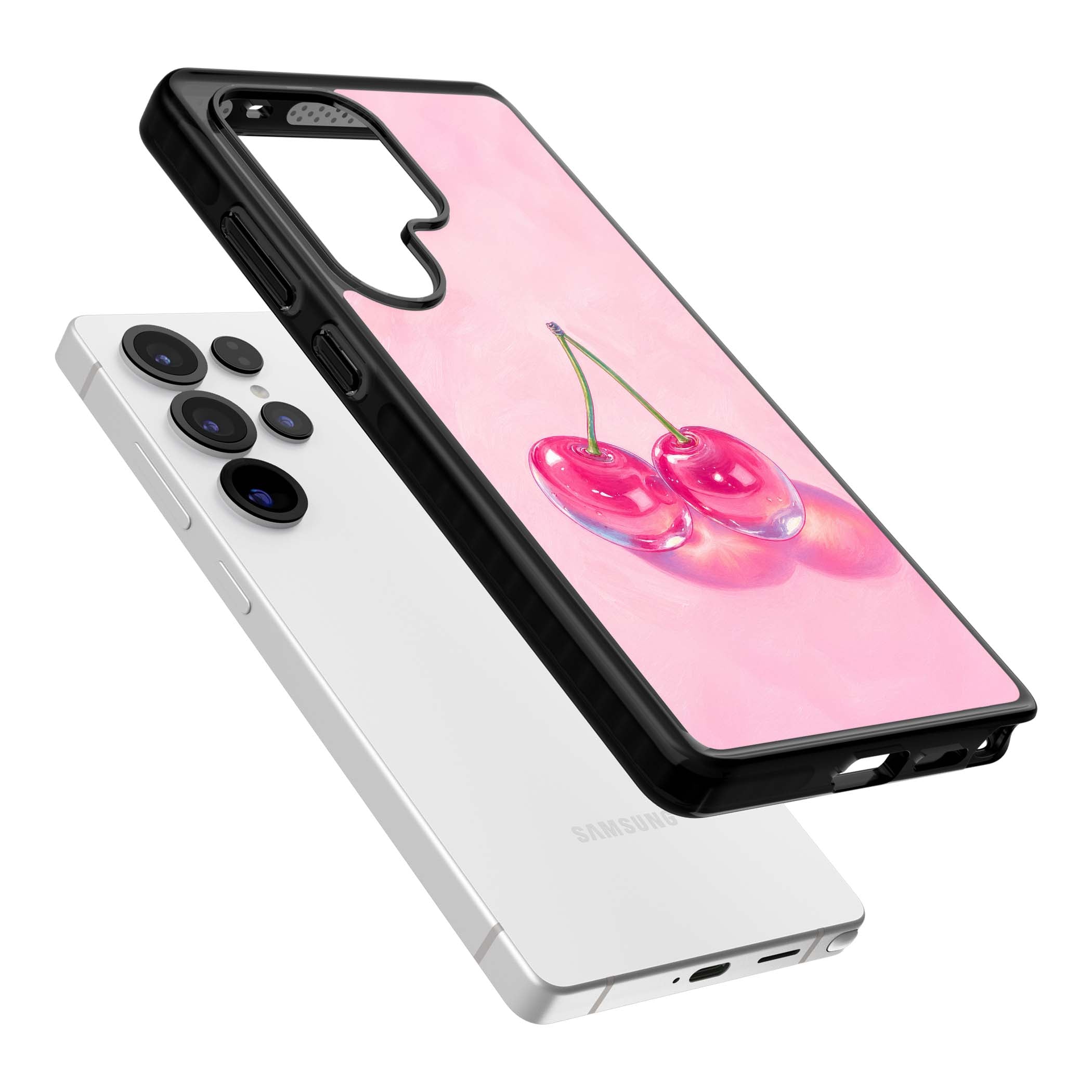 Pink Glass Cherry coquette iPhone case featuring two glossy painted cherries on a soft pink background | Black Impact case for Samsung Galaxy S25 Ultra