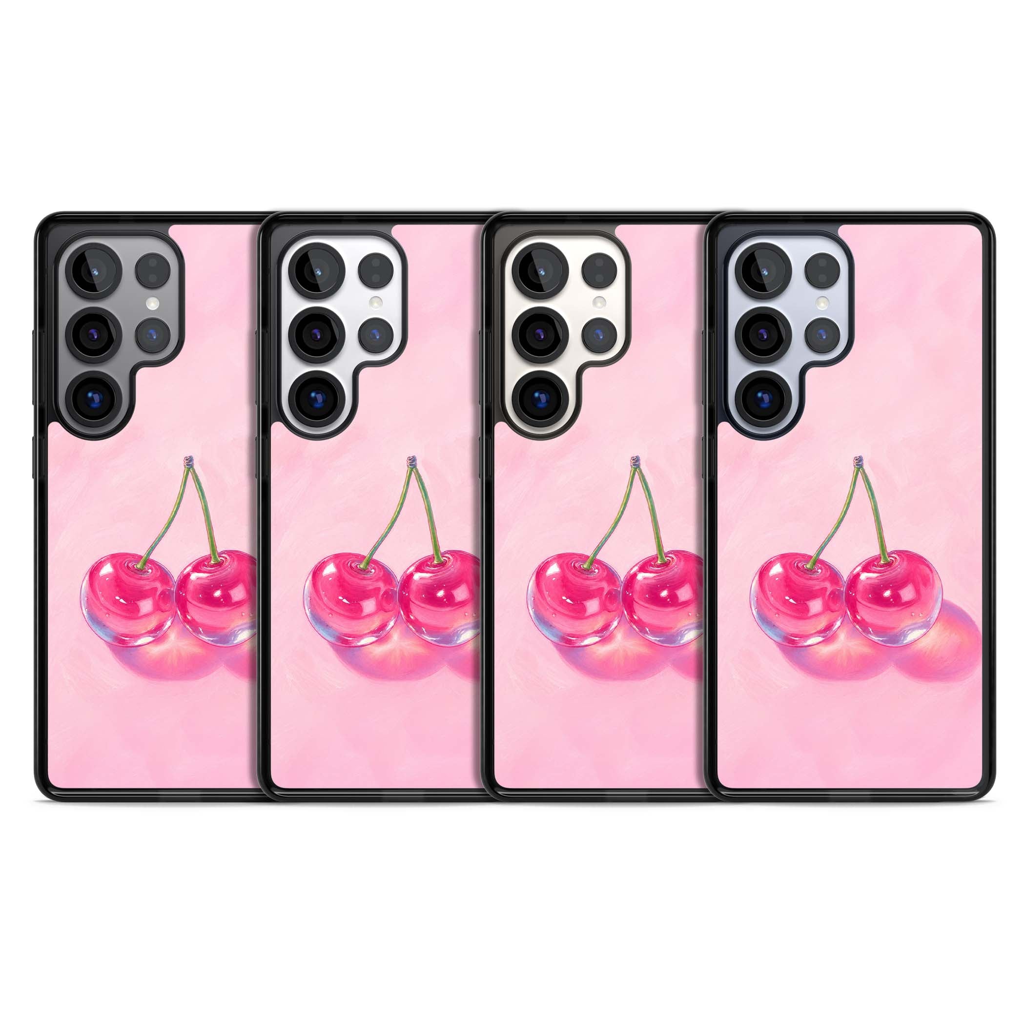 Pink Glass Cherry coquette iPhone case featuring two glossy painted cherries on a soft pink background | Black Impact case for Samsung Galaxy S25 Ultra