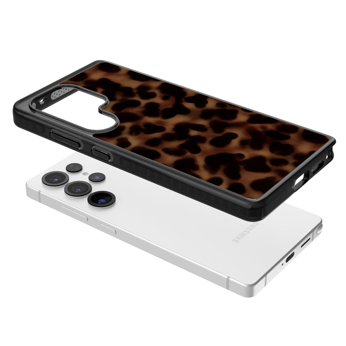 Dark Tortoise Shell old money iPhone case featuring a dark tortoiseshell pattern with amber and black animal print tones Samsung S25 Ultra / Samsung S26 Ultra Impact Black Phone Case angled
