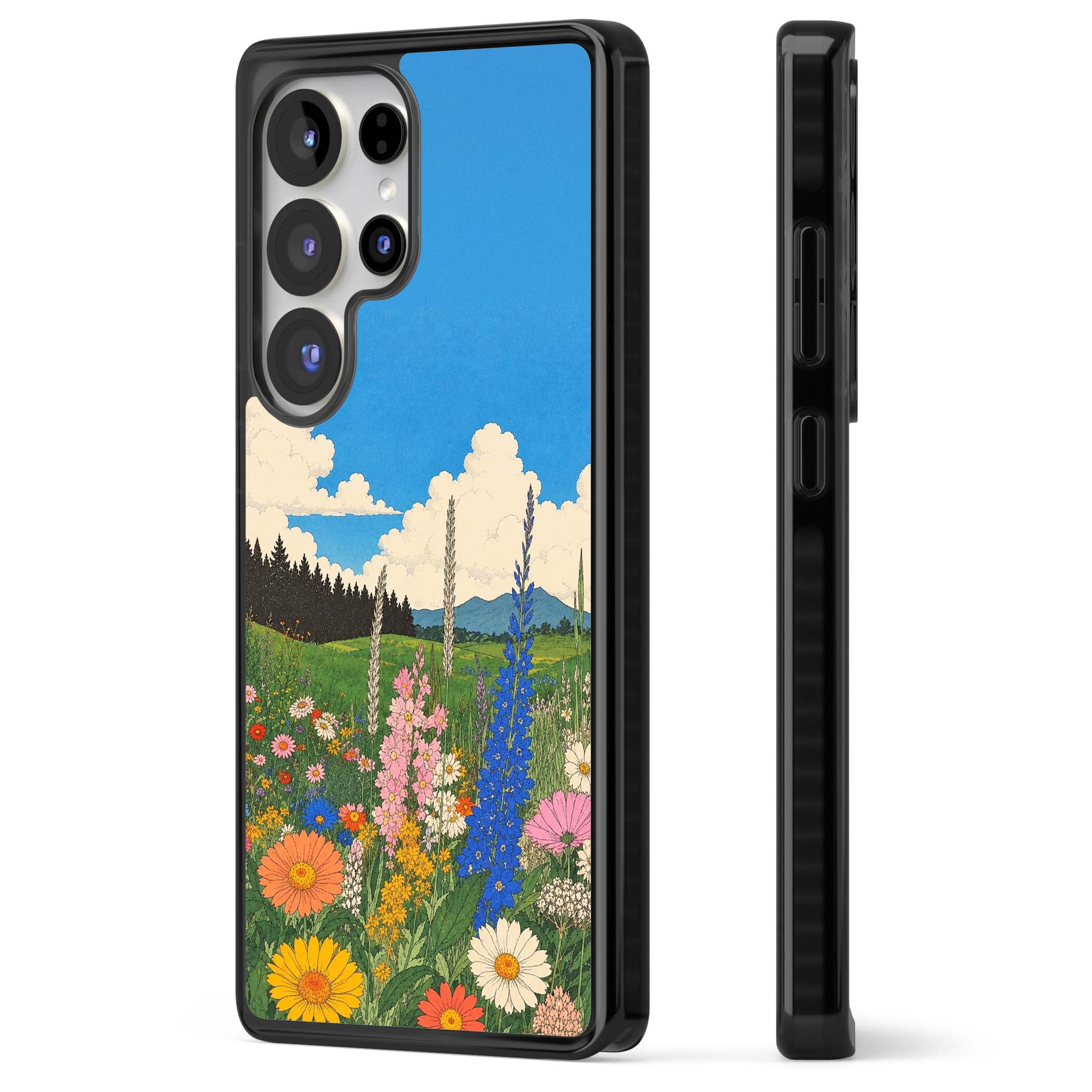 Wildbloom wildflower iPhone case featuring a vintage Japanese-style meadow landscape with daisies, delphiniums and moun | Black Impact case for Samsung Galaxy S25 Ultra