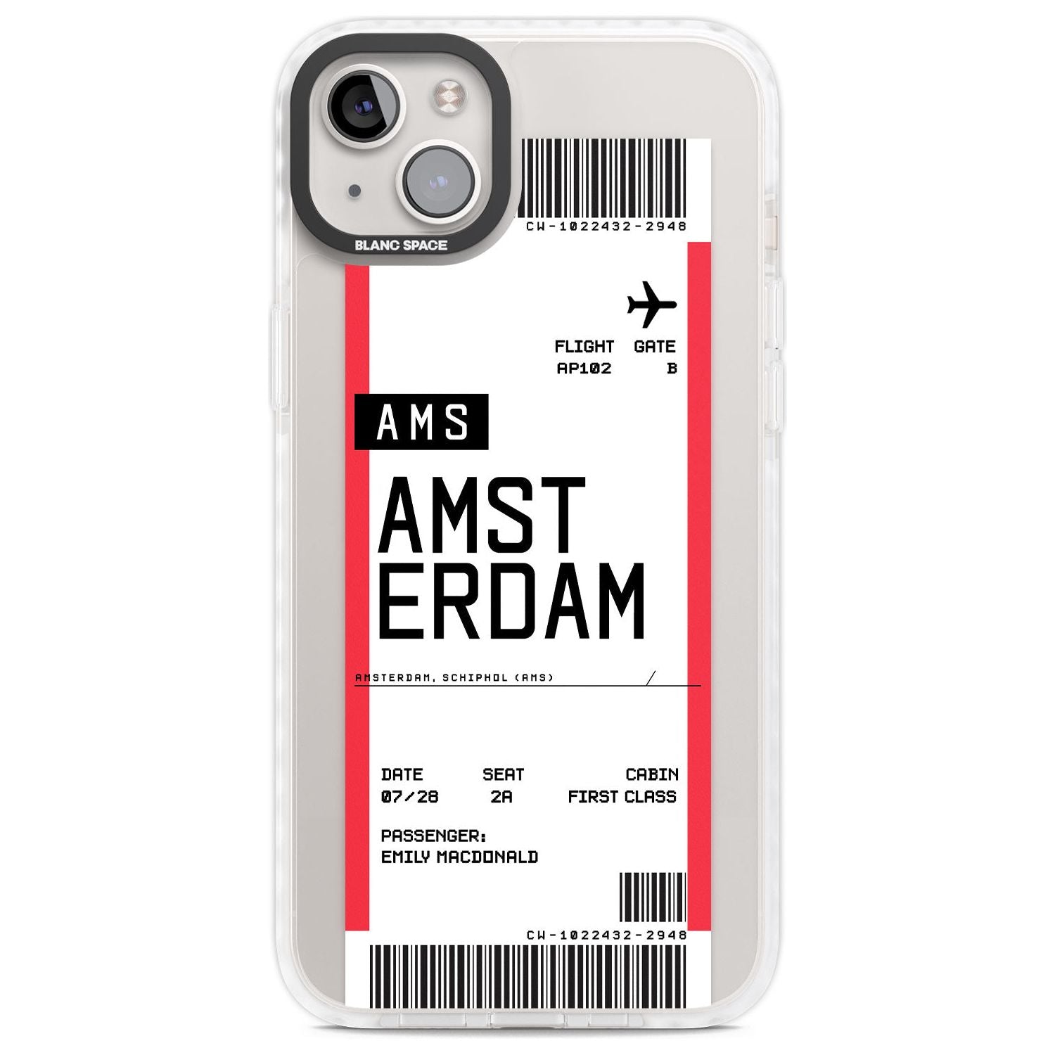 Personalised Amsterdam Boarding Pass Custom Phone Case iPhone 14 Plus / Impact Case Blanc Space