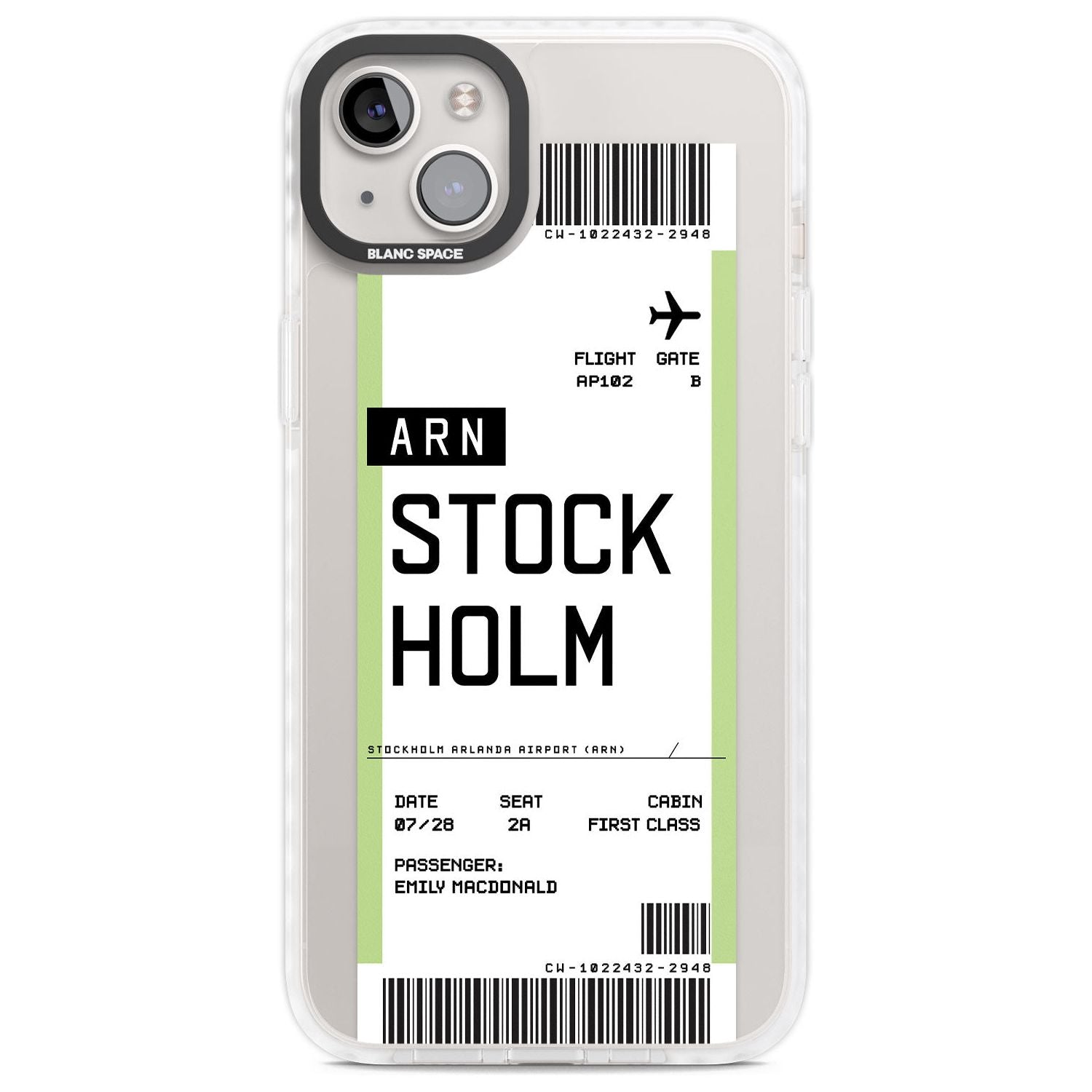 Personalised Stockholm Boarding Pass Custom Phone Case iPhone 14 Plus / Impact Case Blanc Space