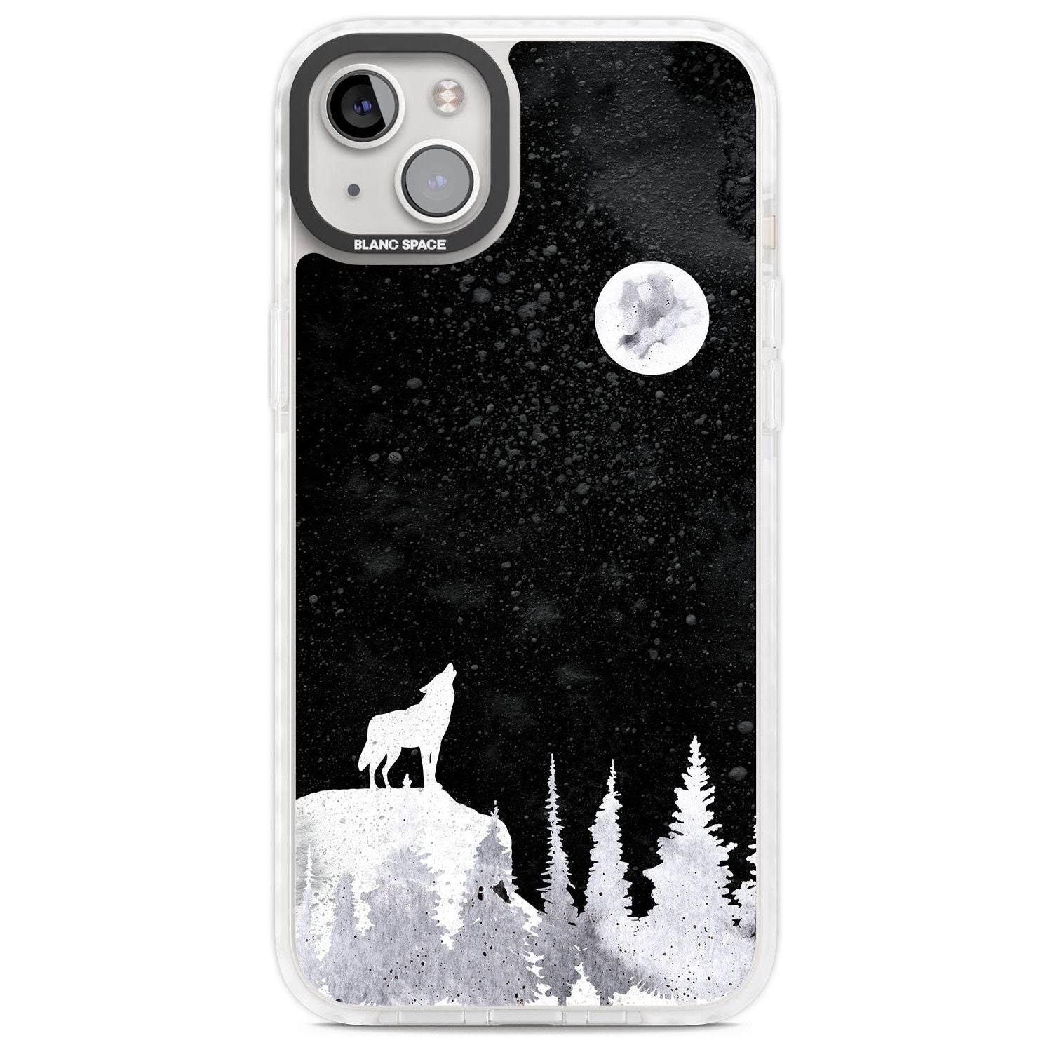 Moon Phases: Wolf & Full Moon Phone Case iPhone 14 Plus / Impact Case Blanc Space