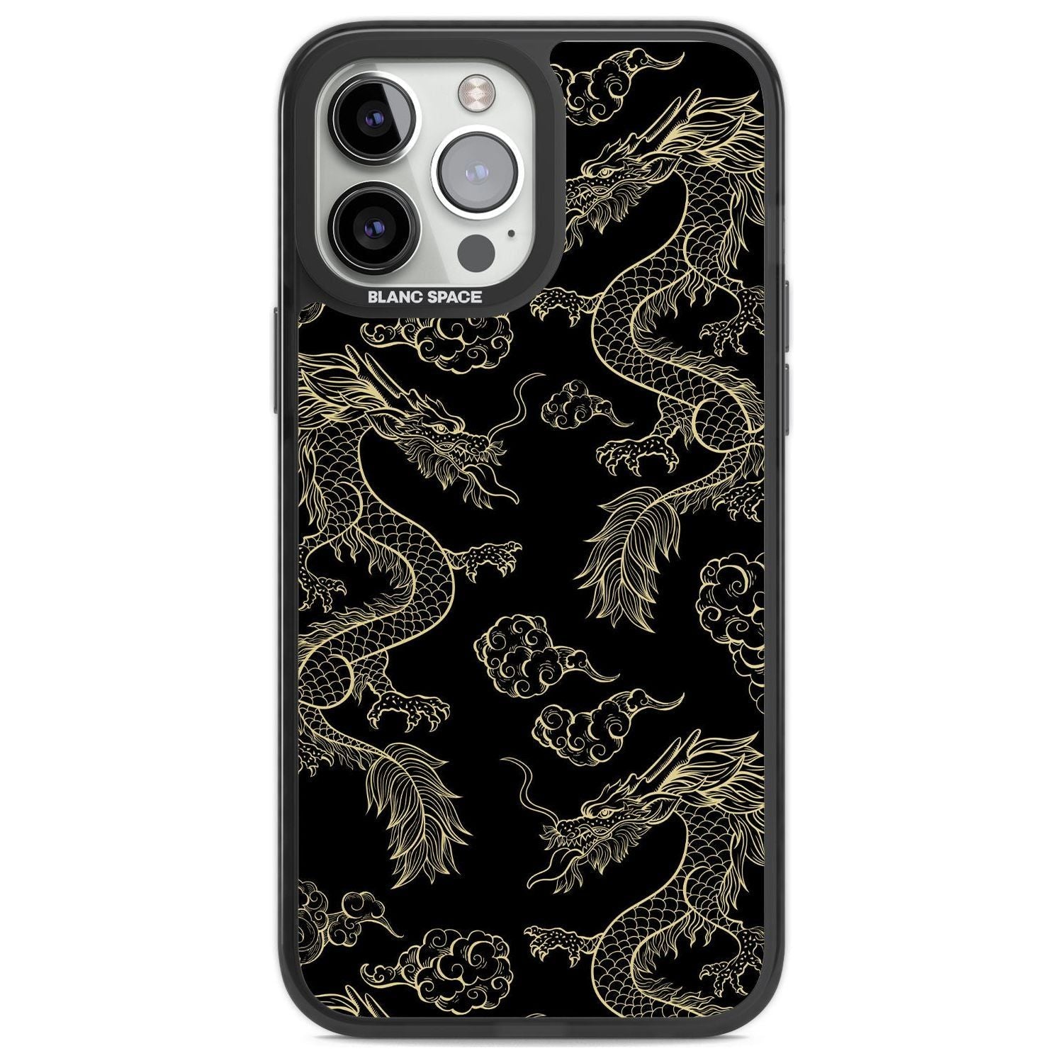 Black and Gold Dragon Pattern Phone Case iPhone 13 Pro Max / Black Impact Case,iPhone 14 Pro Max / Black Impact Case Blanc Space