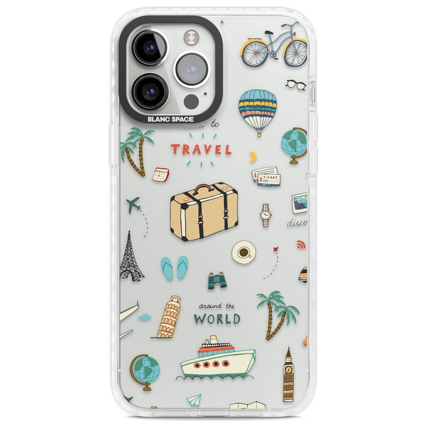 Cute Travel Pattern Transparent Phone Case iPhone 13 Pro Max / Impact Case,iPhone 14 Pro Max / Impact Case Blanc Space