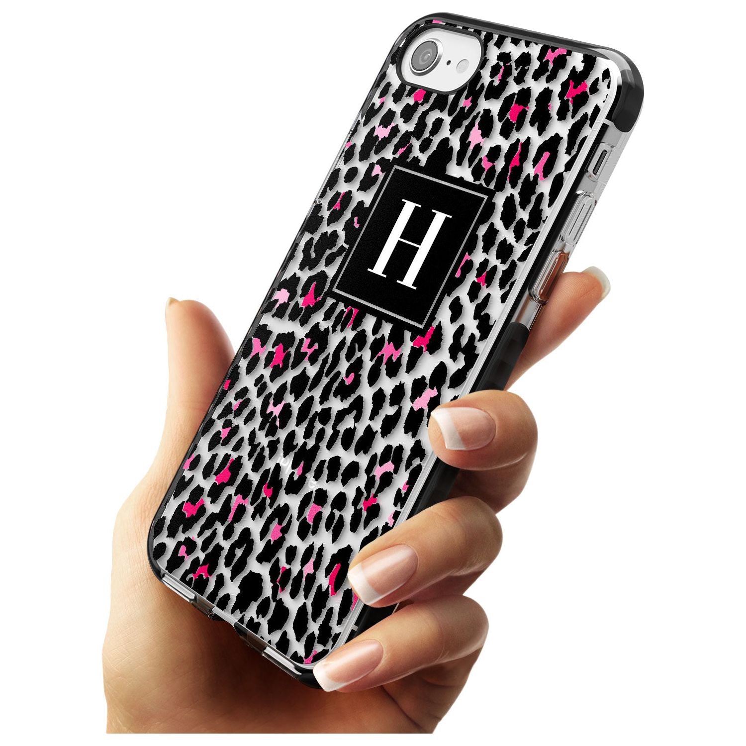 Customised Pink Monogram Leopard Spots Black Impact Phone Case for iPhone SE 8 7 Plus
