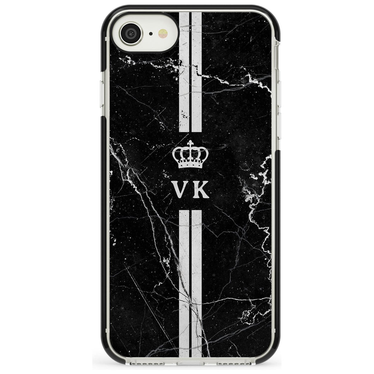 Stripes + Initials with Crown on Black Marble Black Impact Phone Case for iPhone SE 8 7 Plus