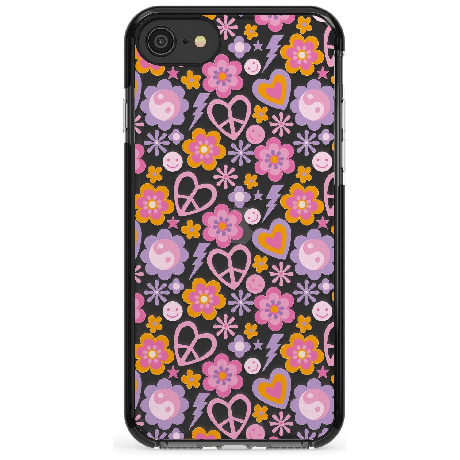 Peace, Love and Flowers Pattern Black Impact Phone Case for iPhone SE 8 7 Plus
