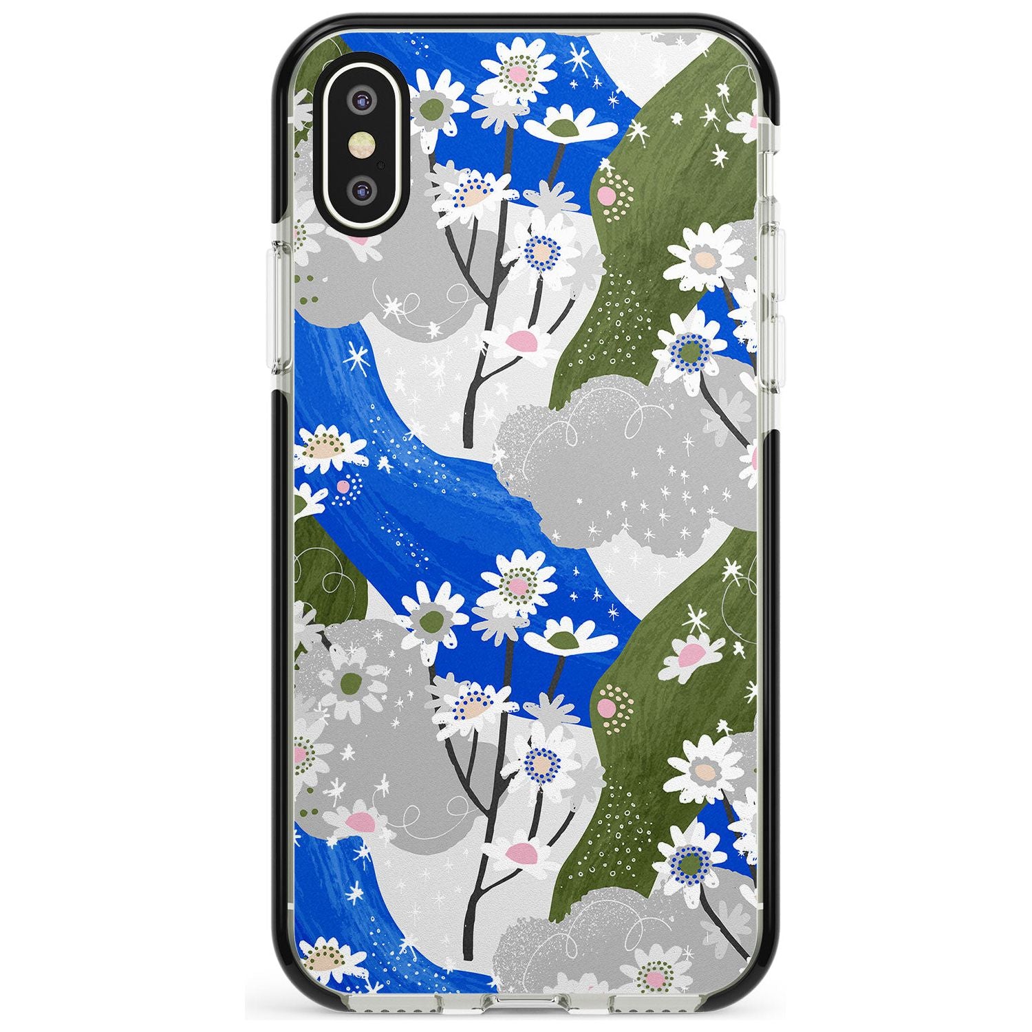 Blue & Grey Daisies Pattern iPhone Case Black Impact Phone Case - Case Warehouse