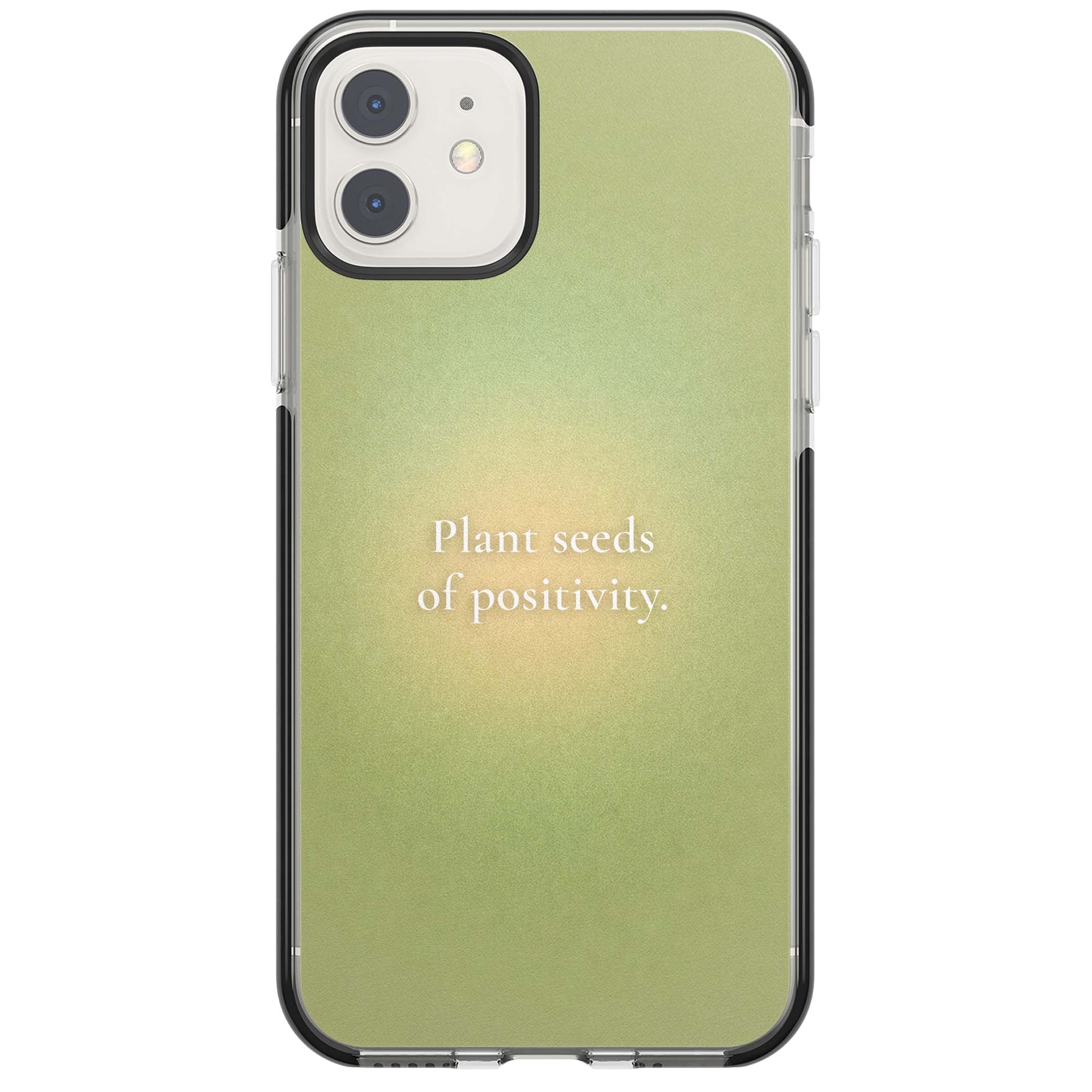 Seeds of Positivity quote iPhone case featuring a sage green aura gradient and golden glow affirmation | Black Impact case for iPhone 11, iPhone 12