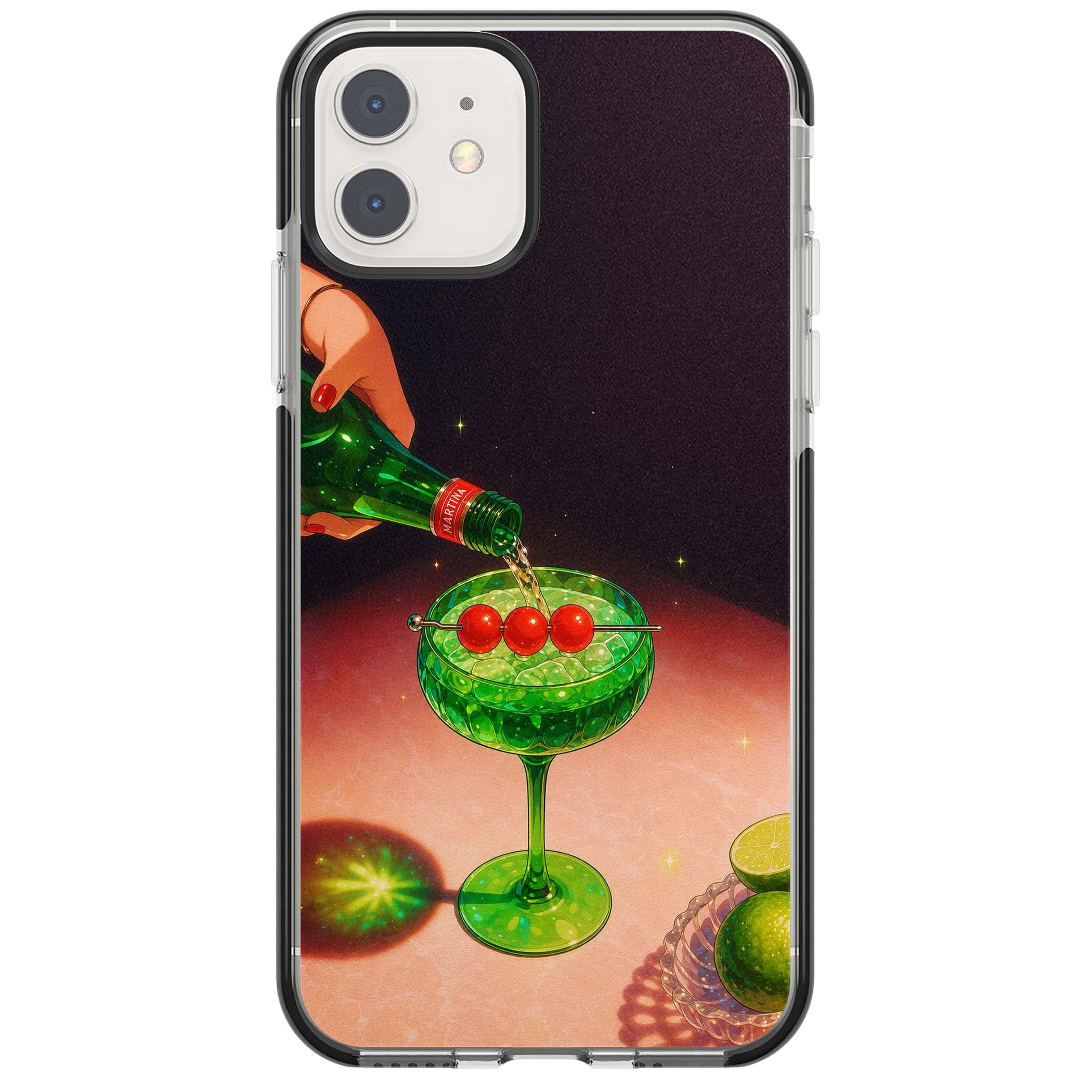 Absinthe Hour cocktail iPhone case featuring a green coupe glass, cherry garnish and vintage bottle pour illustration | Black Impact case for iPhone 11, iPhone 12