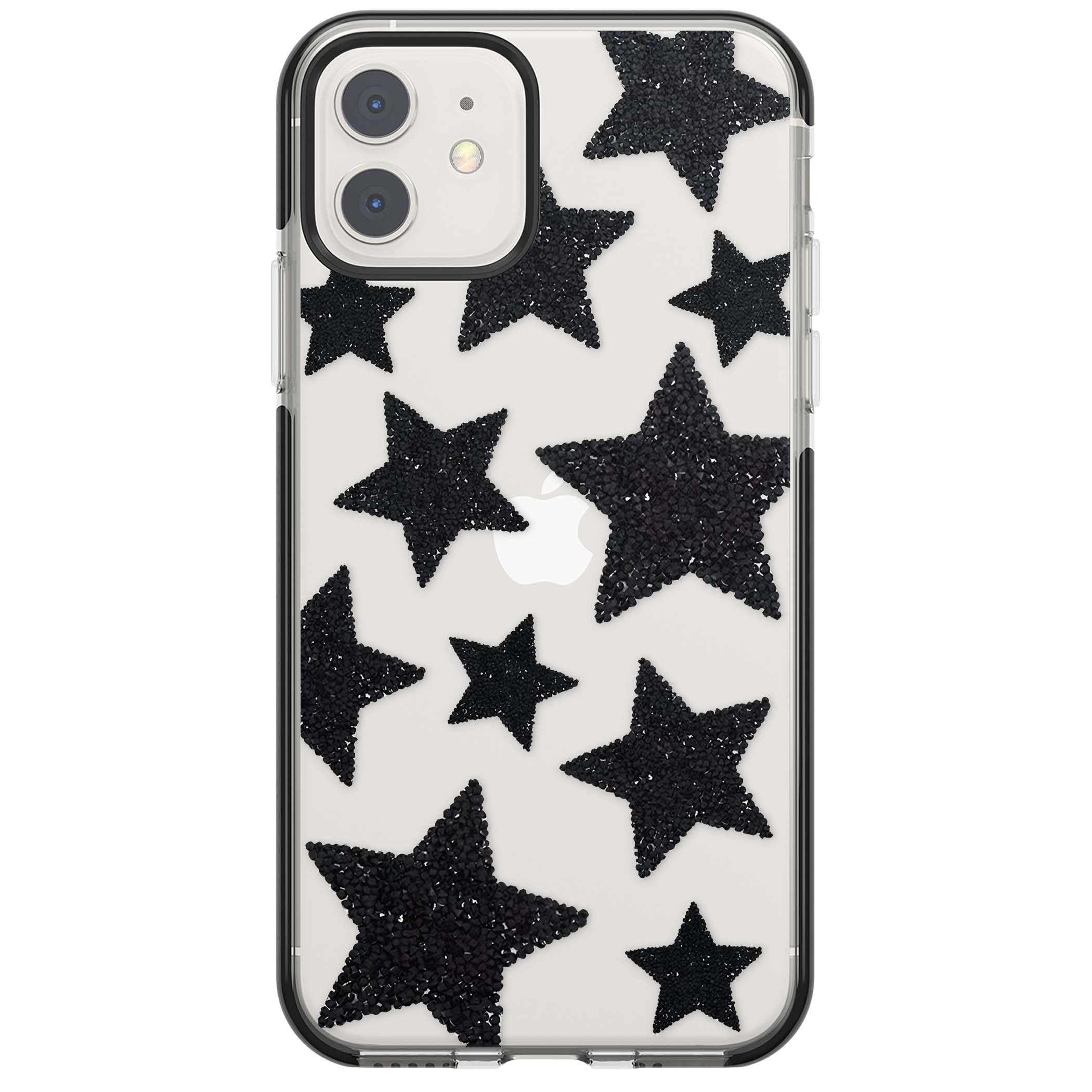 Beaded Black Stars celestial iPhone case featuring black glitter beaded stars scattered on a clear background | Black Impact case for iPhone 11, iPhone 12
