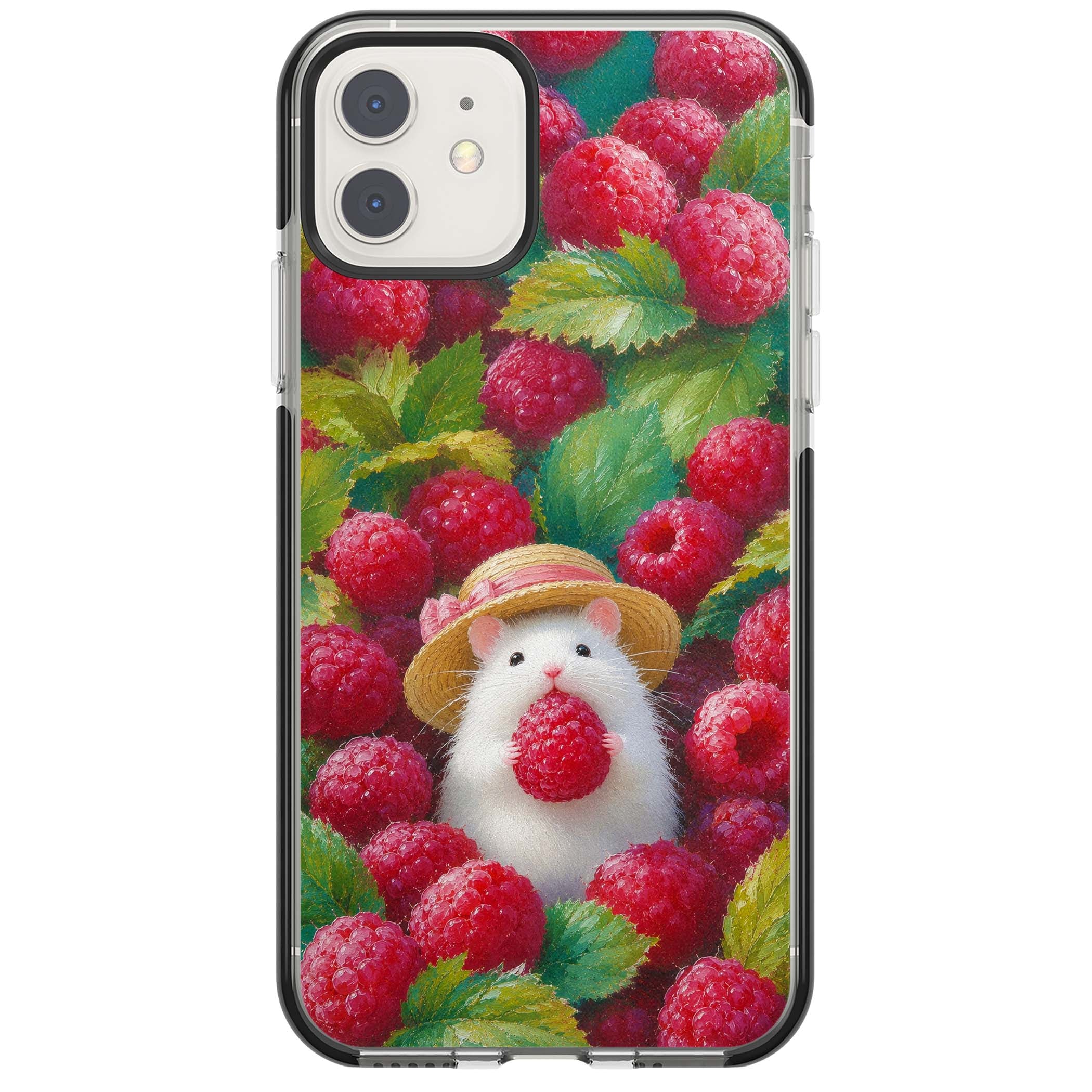 Berry Forager cottagecore iPhone case featuring a white hamster in a straw hat holding a raspberry surrounded by ripe ber | Black Impact case for iPhone 11, iPhone 12