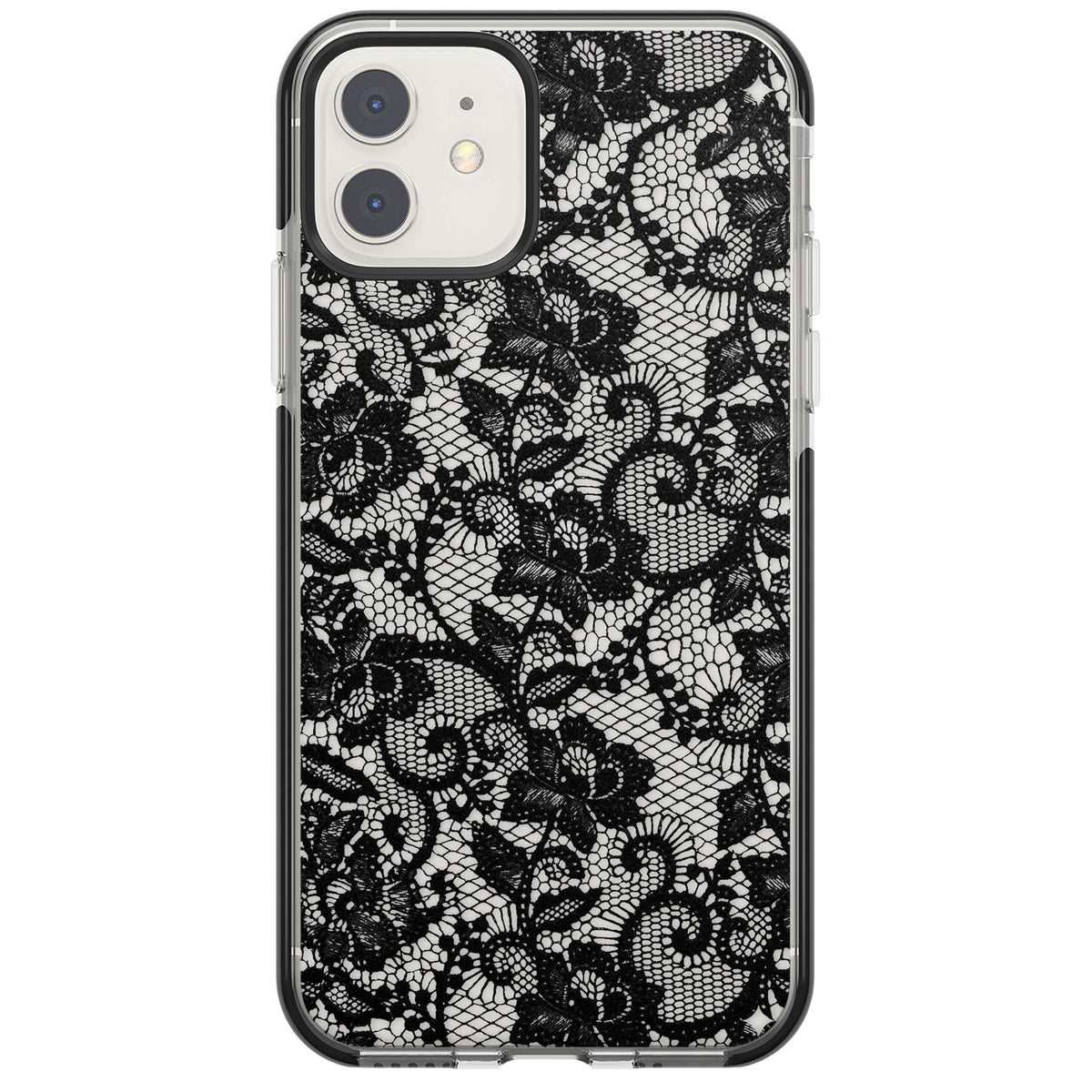 Black Lace gothic iPhone case featuring intricate black floral lace pattern with vintage whimsigoth detail | Black Impact case for iPhone 11, iPhone 12