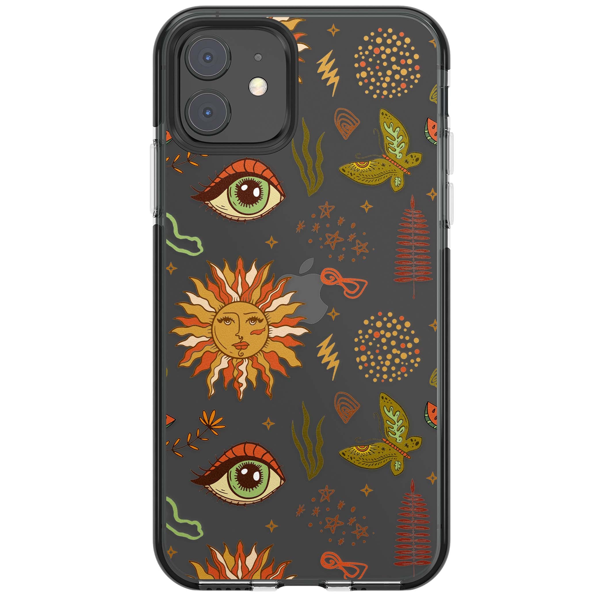 Elevate Your Phone'S Style With This Boho Celestial Sun & Eye Phone Case, Featuring A Mystical Blend Of Suns, All-Seeing Eyes, Butterflies, Stars, And