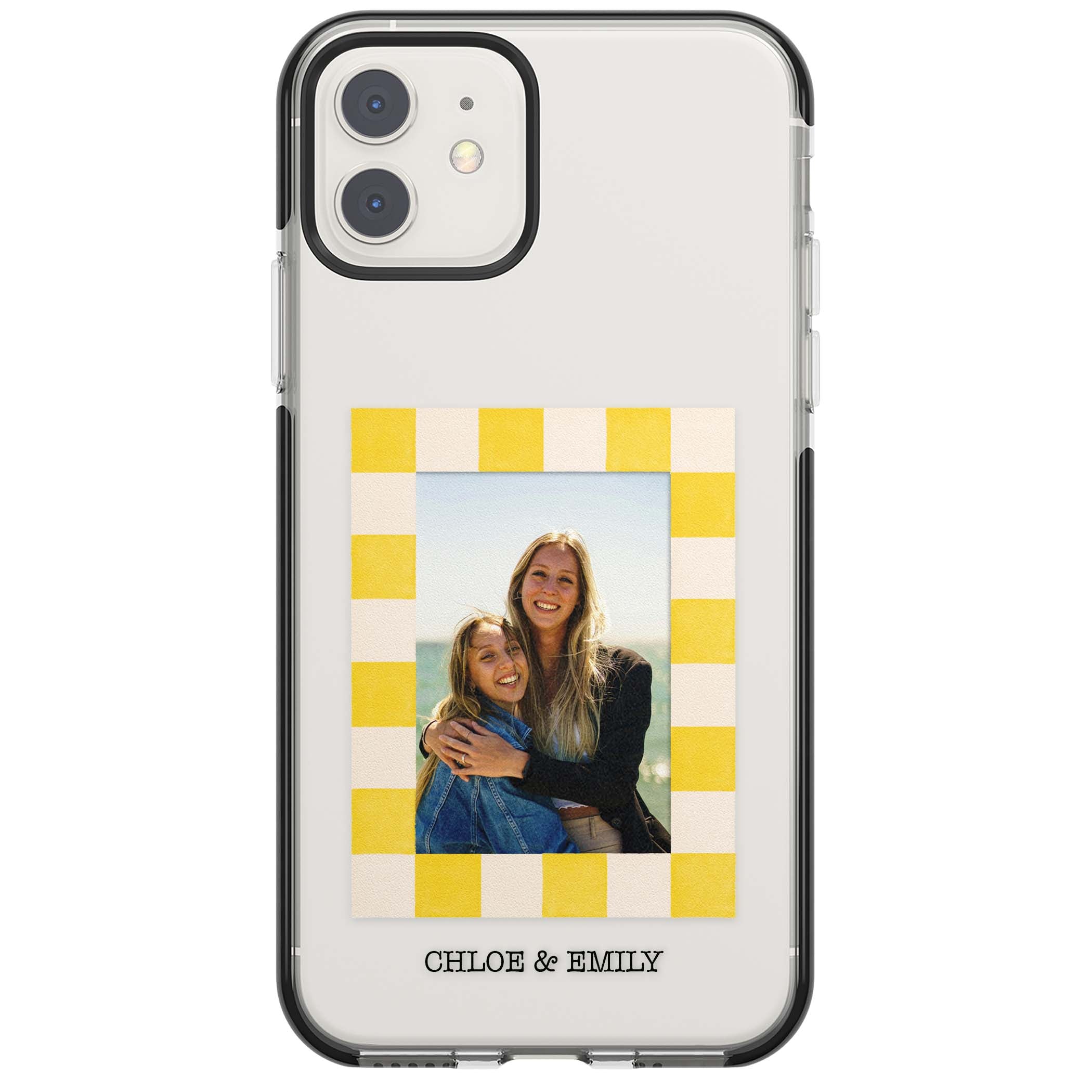 Yellow Check Photo personalised iPhone case with yellow checkered Polaroid frame and custom names beneath | Black Impact case for iPhone 11, iPhone 12