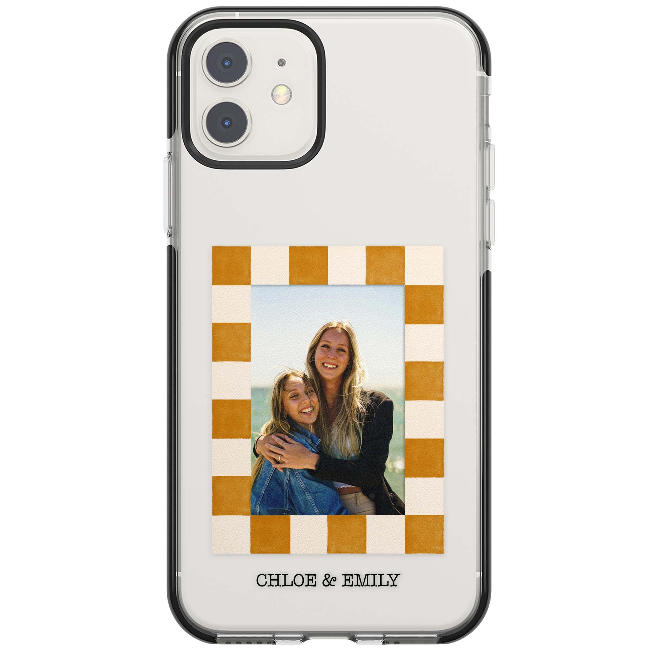 Citrus Check Photo personalised iPhone case with custom photo, orange checkered frame and names underneath | Black Impact case for iPhone 11, iPhone 12