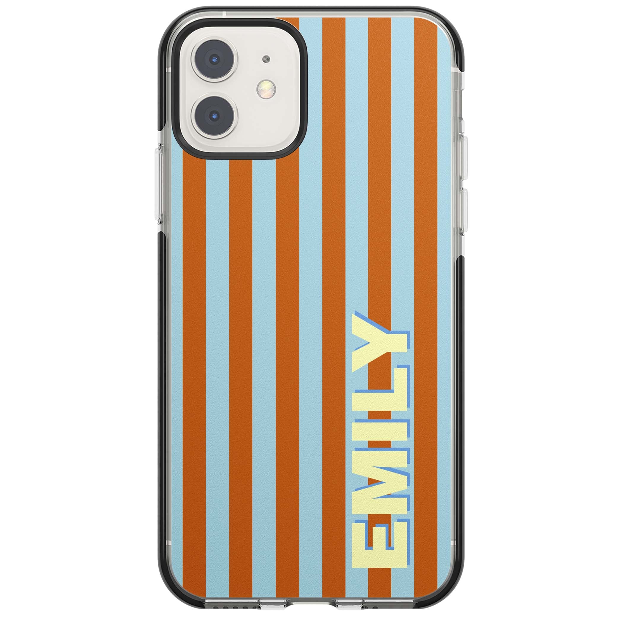 Cappadocia Stripe personalised coastal iPhone case featuring blue and orange vertical stripes with custom cream name | Black Impact case for iPhone 11, iPhone 12