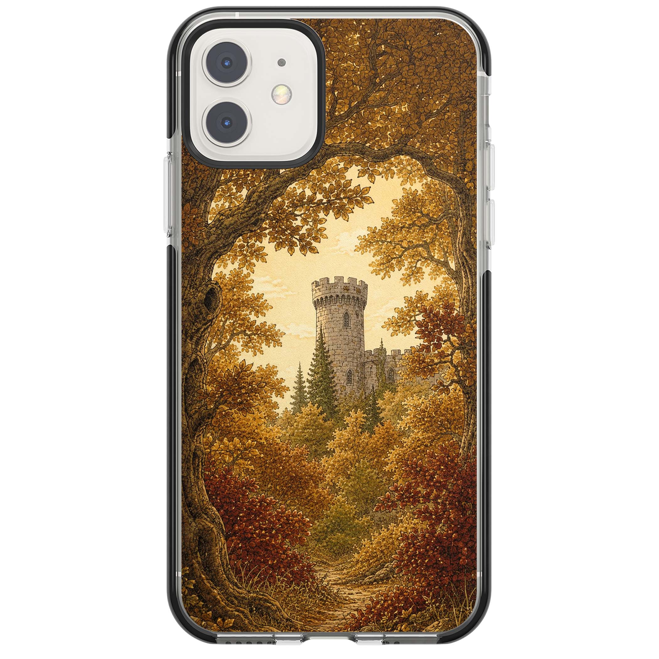 Autumn Keep cottagecore iPhone case featuring a medieval castle tower framed by golden autumn trees and woodland foliage | Black Impact case for iPhone 11, iPhone 12