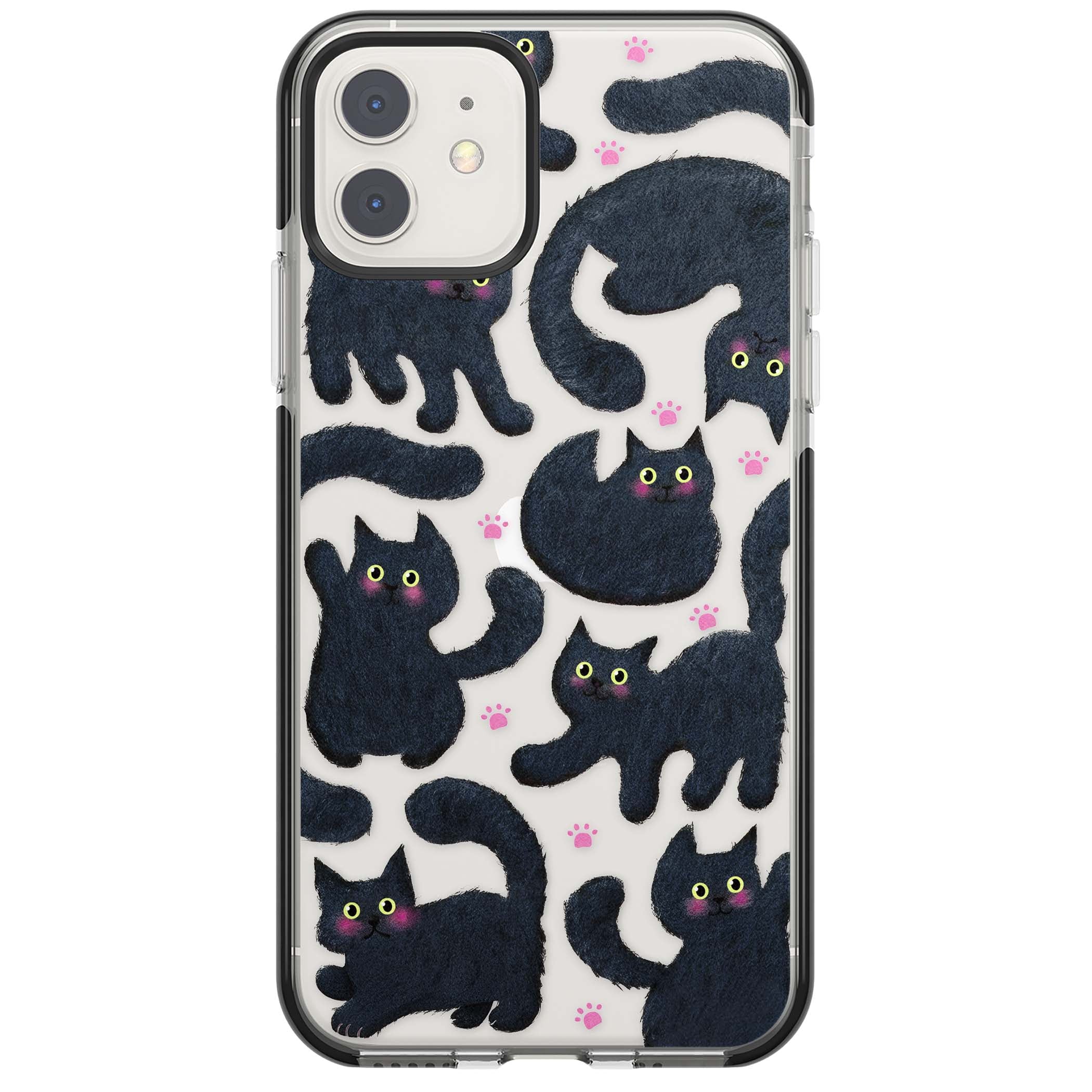 Midnight Cats cute iPhone case featuring black cat pattern with yellow eyes and pink paw prints | Black Impact case for iPhone 11, iPhone 12