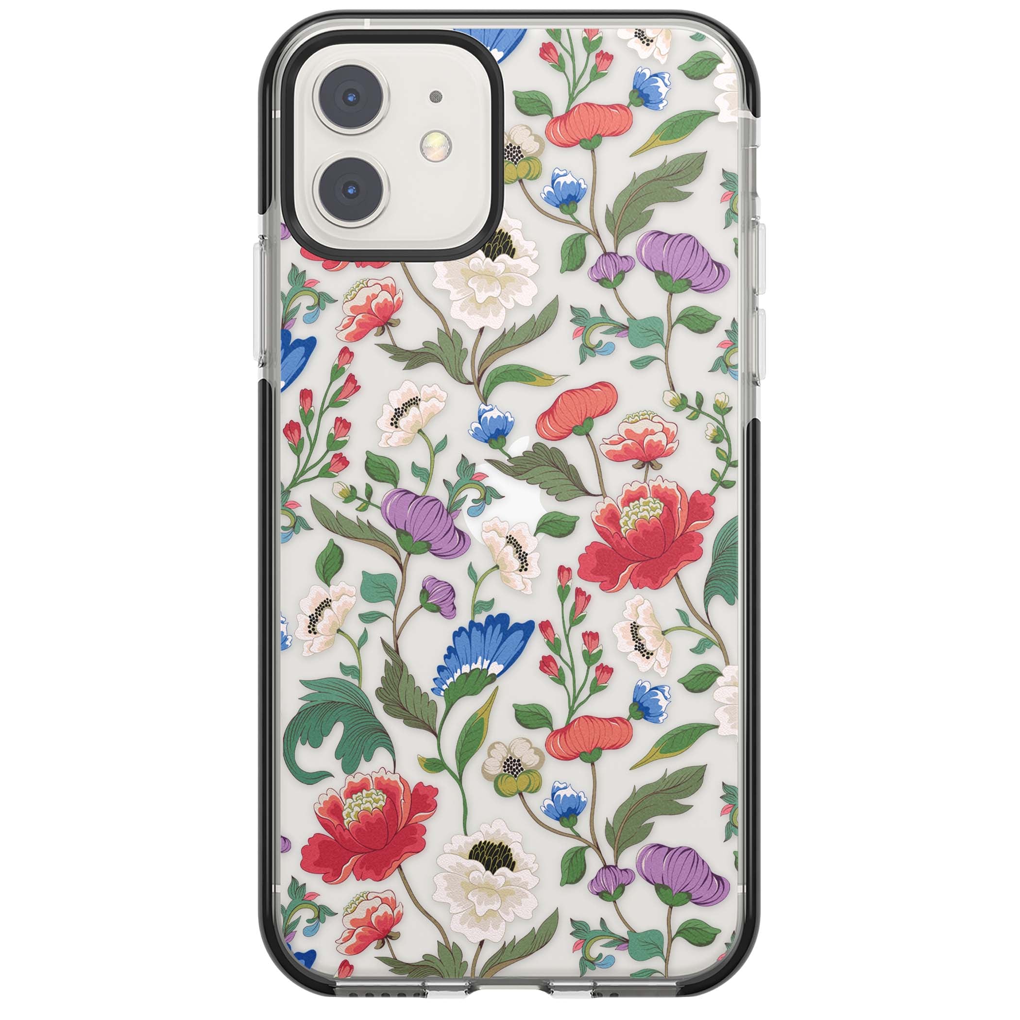 Chinoiserie Bloom vintage floral iPhone case featuring hand-painted peonies, poppies and trailing wildflowers on clear... | Black Impact case for iPhone 11, iPhone 12