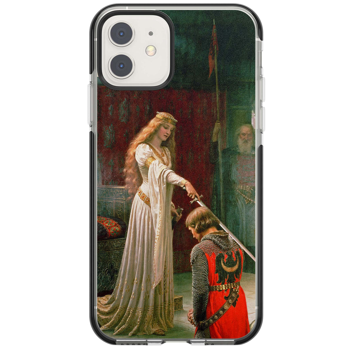The Accolade renaissance art iPhone case featuring Edmund Blair Leighton's painting of a queen knighting a kneeling knight | Black Impact case for iPhone 11, iPhone 12
