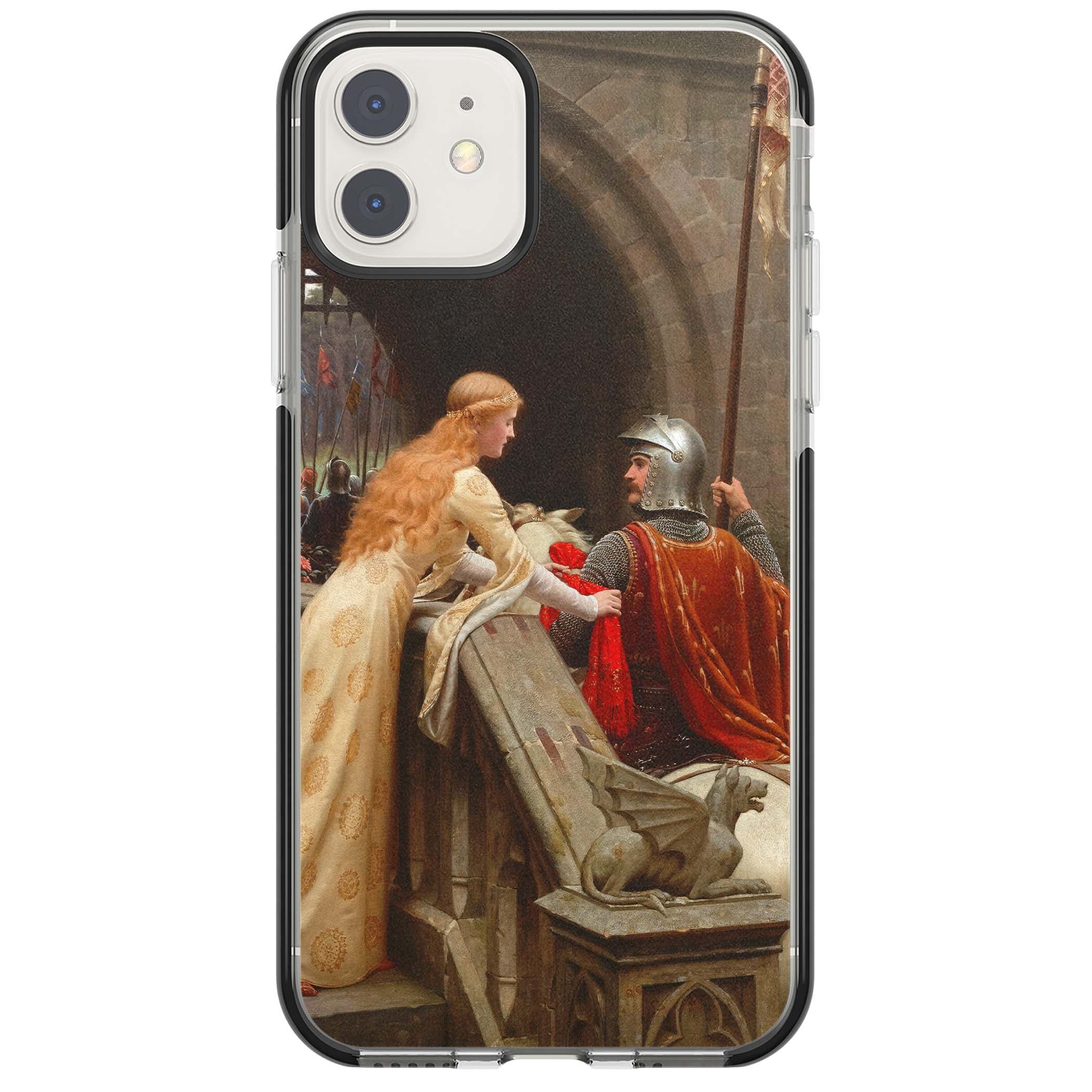 God Speed fine art iPhone case featuring Edmund Blair Leighton's medieval knight and lady beneath a stone archway | Black Impact case for iPhone 11, iPhone 12