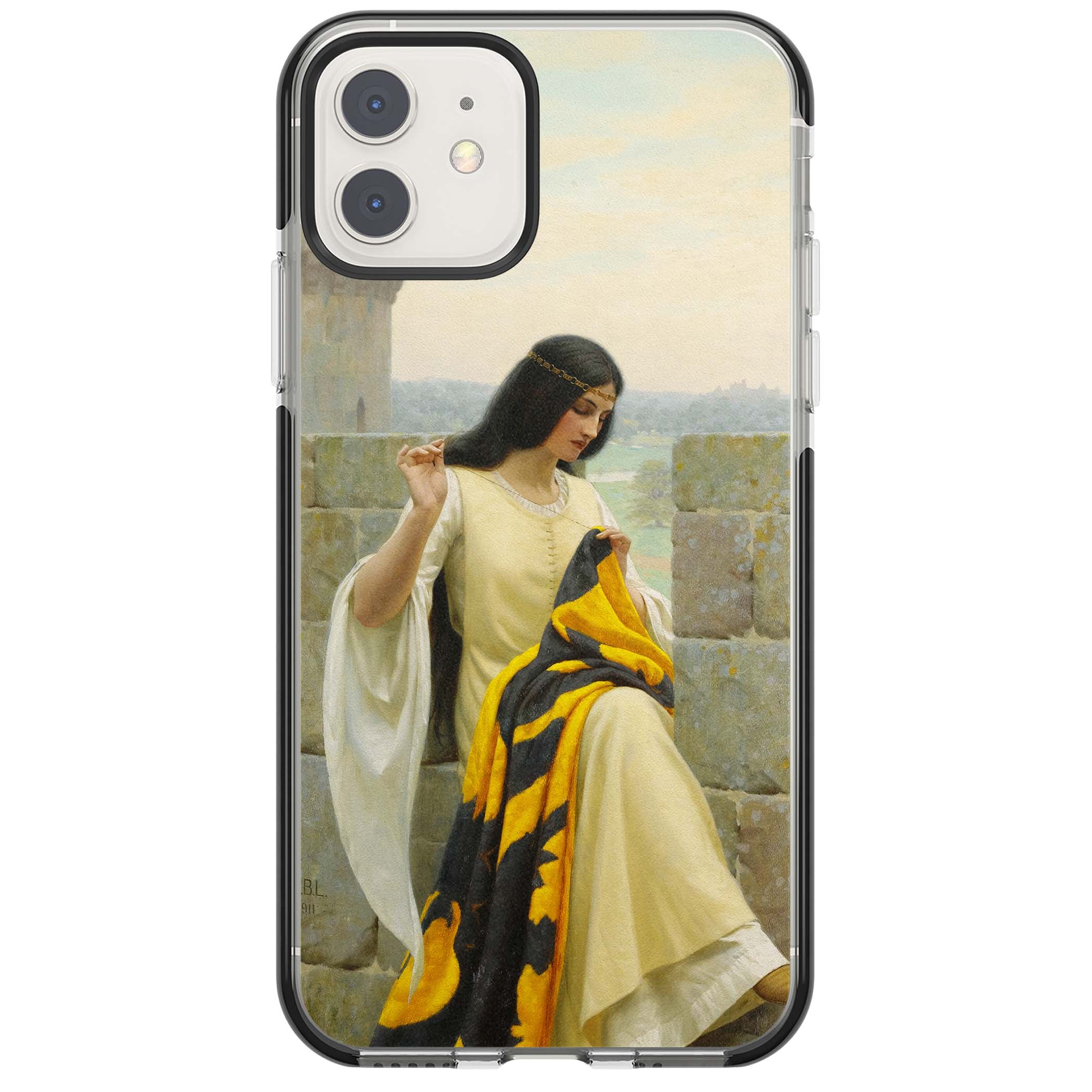 Stitching the Standard renaissance art iPhone case featuring a medieval lady sewing a golden banner on a castle wall | Black Impact case for iPhone 11, iPhone 12