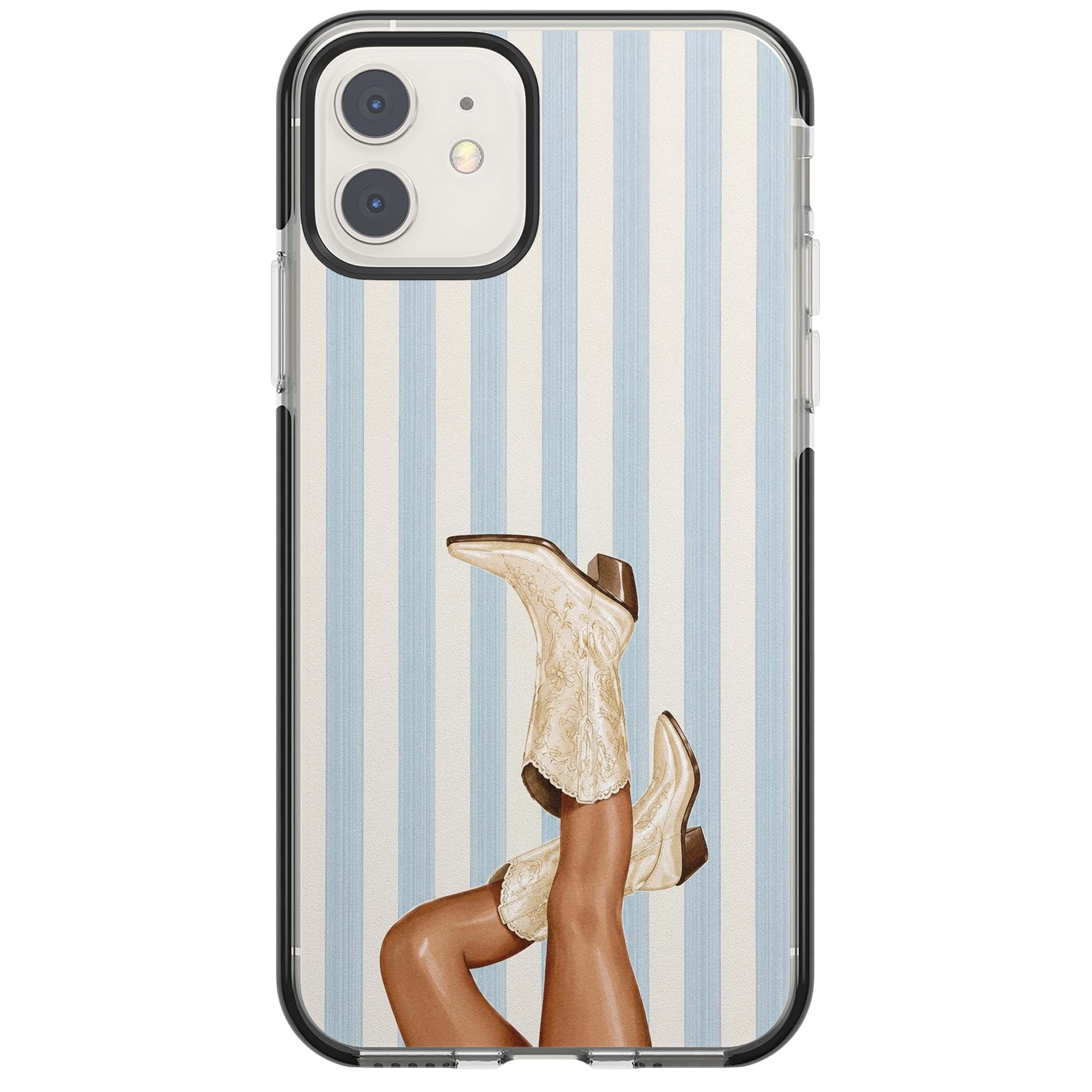 Cowgirl Boots coastal cowgirl iPhone case featuring embroidered western boots, tanned legs and a blue stripe backdrop | Black Impact case for iPhone 11, iPhone 12