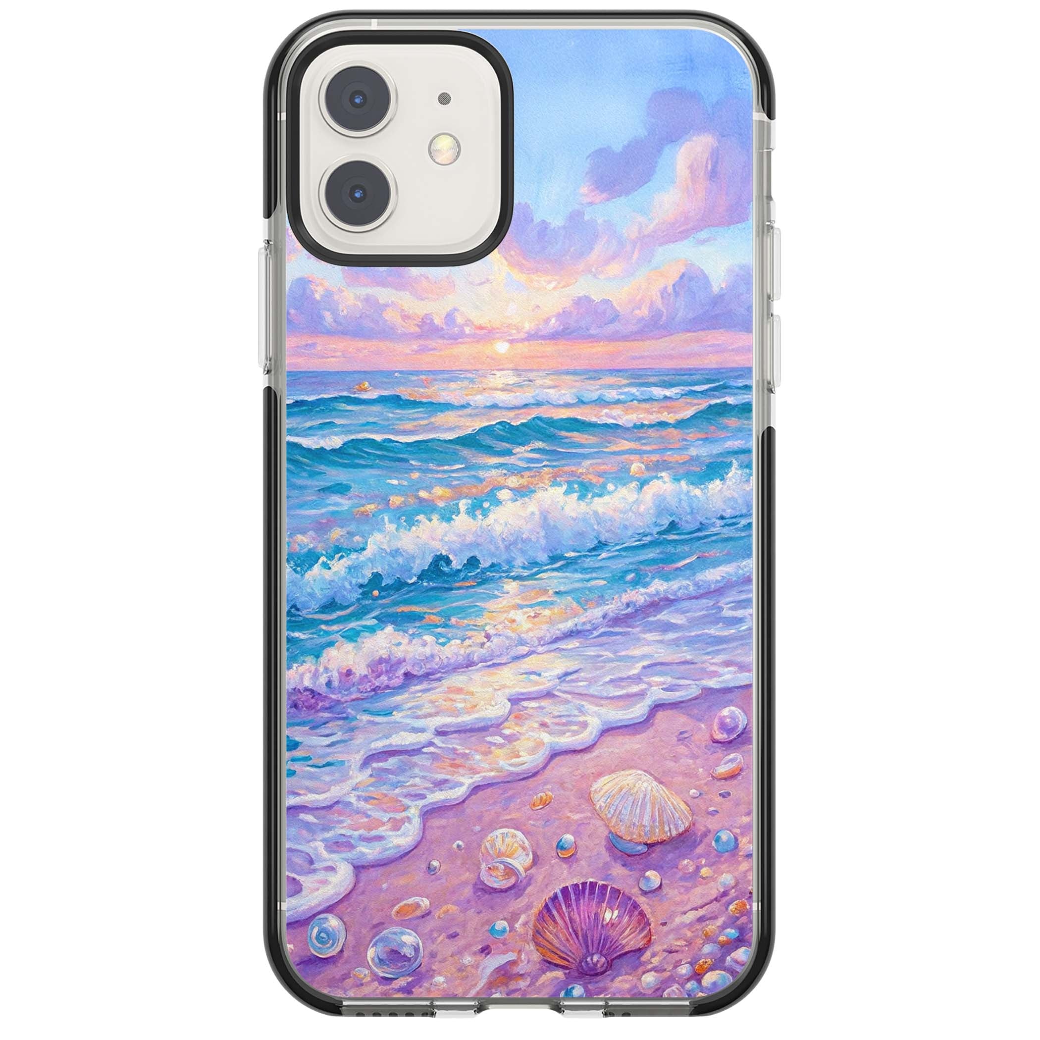 Pearl Shore coastal iPhone case featuring pastel painted waves, seashells, and a sunrise sky over a lavender beach. | Black Impact case for iPhone 11, iPhone 12