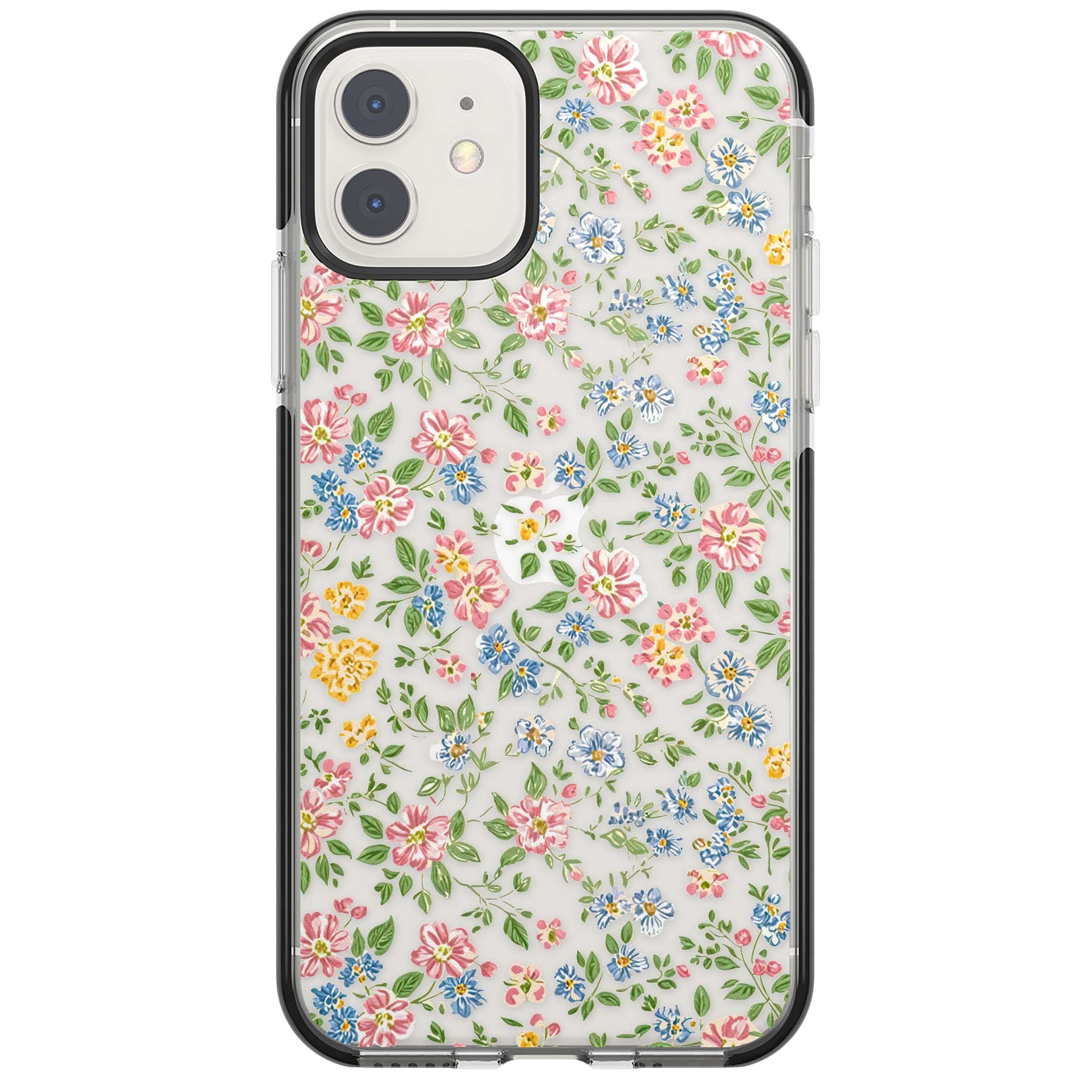 Soft Meadow cottagecore iPhone case featuring pink cosmos, blue forget-me-nots, yellow buttercups and green leaves sca | Black Impact case for iPhone 11, iPhone 12