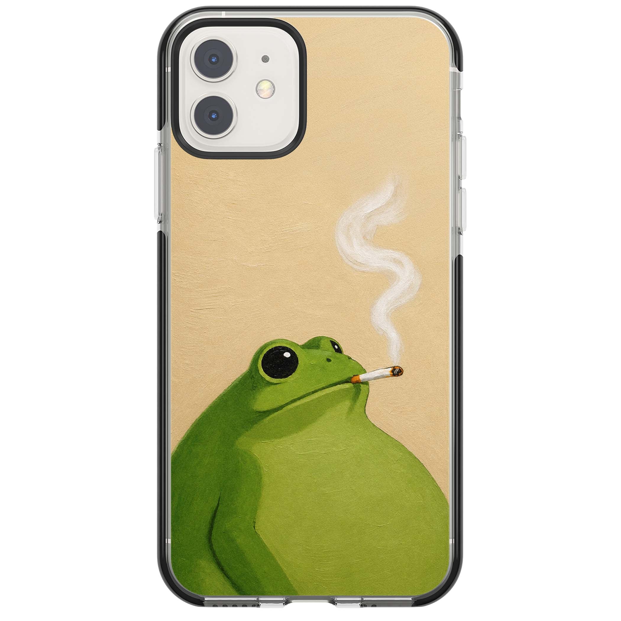 The Smoking Frog cottagecore iPhone case featuring a hand-painted green frog smoking a cigarette on a cream oil painting back | Black Impact case for iPhone 11, iPhone 12