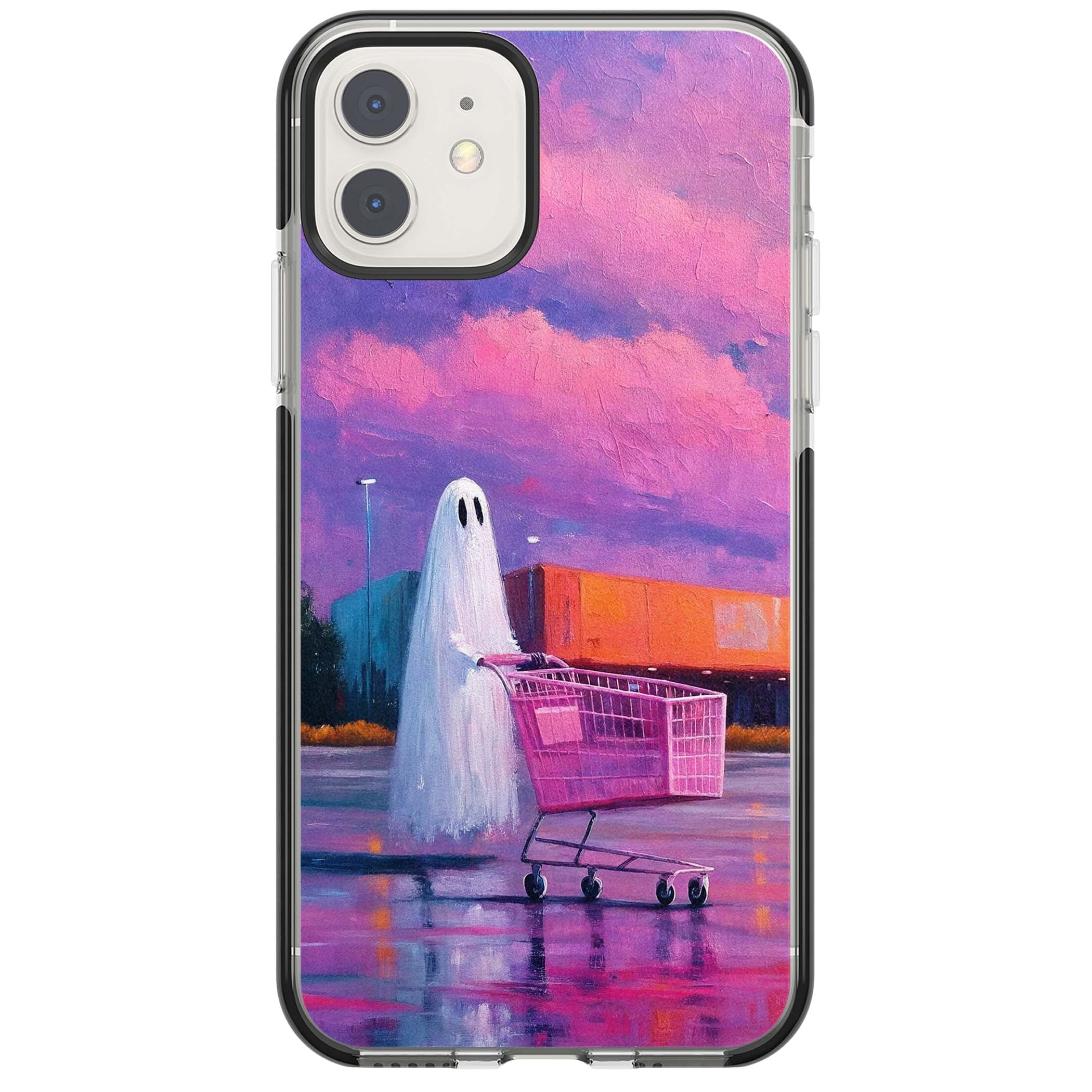 A Ghost's Errand ghost halloween iPhone case featuring a painted ghost, pink shopping trolley and purple sunset sky | Black Impact case for iPhone 11, iPhone 12