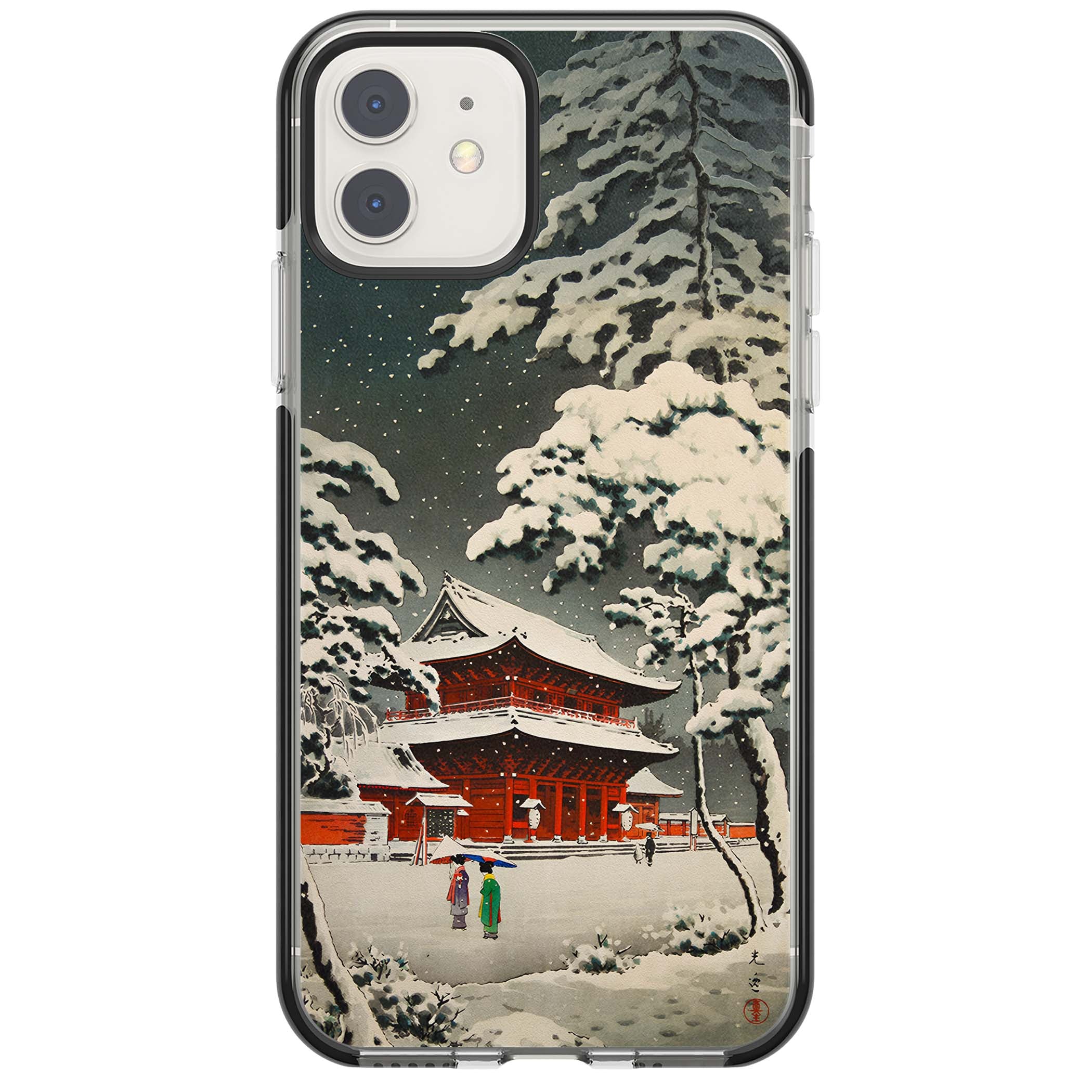Snow at Shiha Park, Tokyo Japanese art iPhone case featuring a vintage ukiyo-e snowy temple, red pagoda, and snow-covered pin | Black Impact case for iPhone 11, iPhone 12