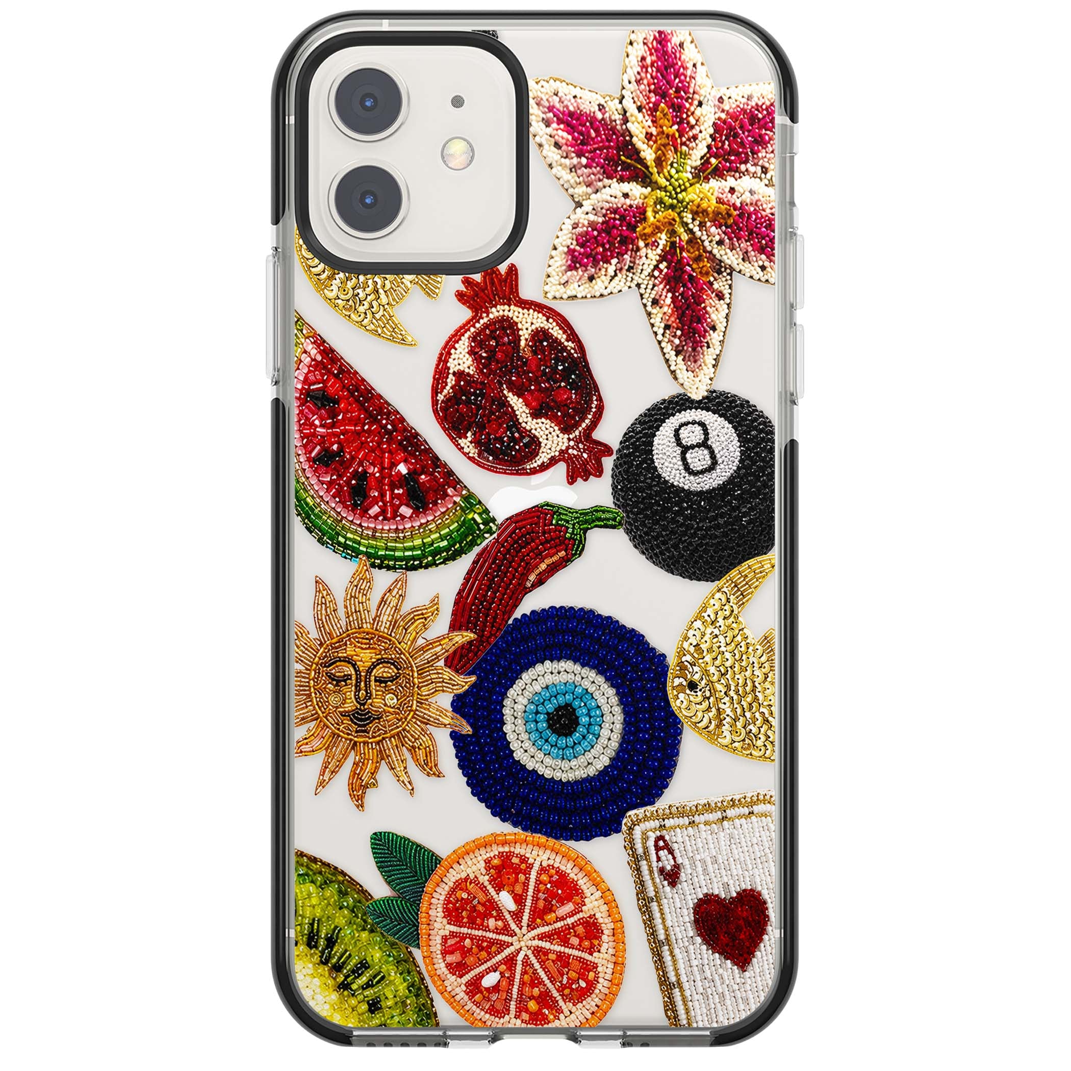 Beaded Charms embroidery iPhone case featuring beaded evil eye, fruit patches and a golden sun motif | Black Impact case for iPhone 11, iPhone 12