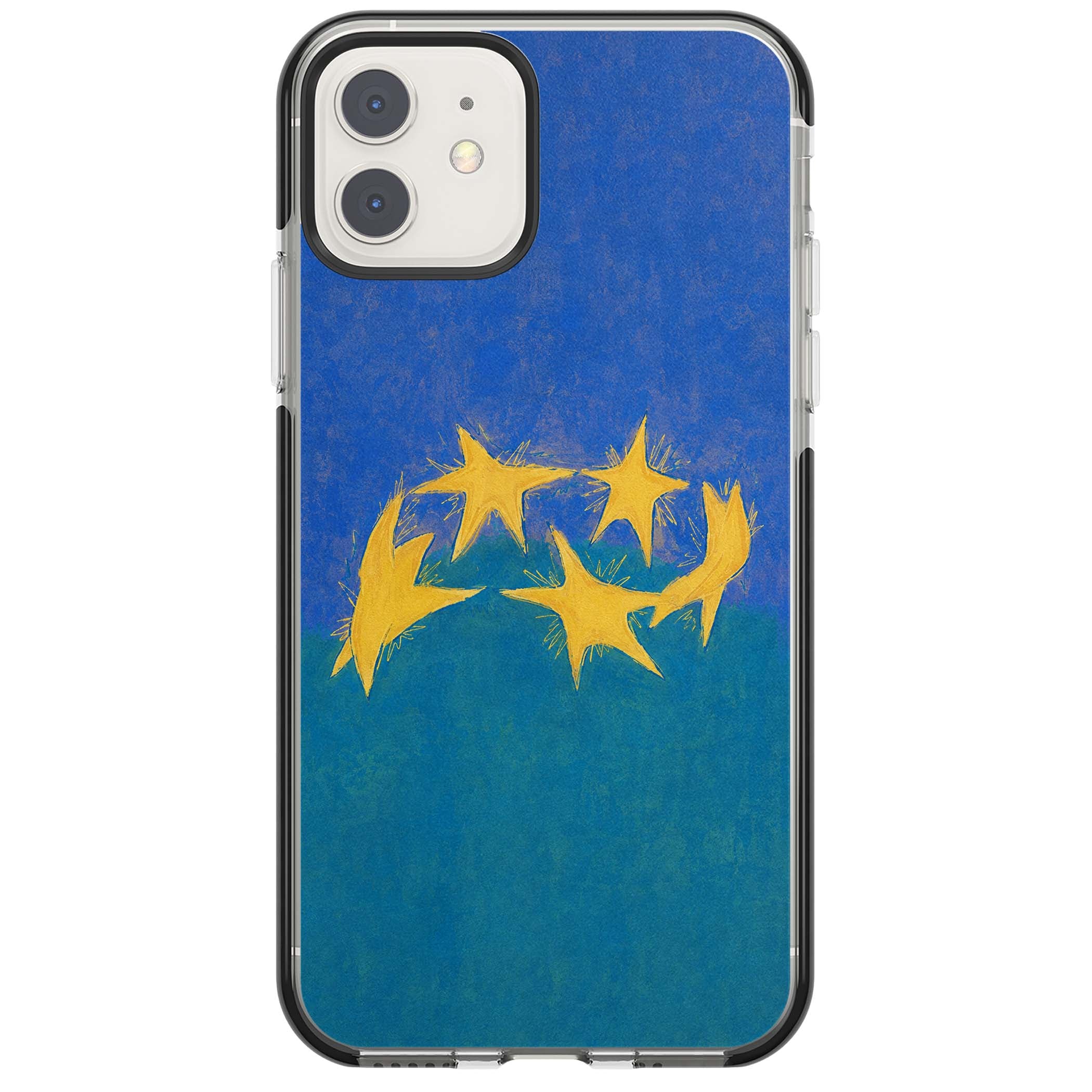 Star Boogie stars aesthetic iPhone case featuring five yellow hand-painted stars on cobalt blue and teal | Black Impact case for iPhone 11, iPhone 12