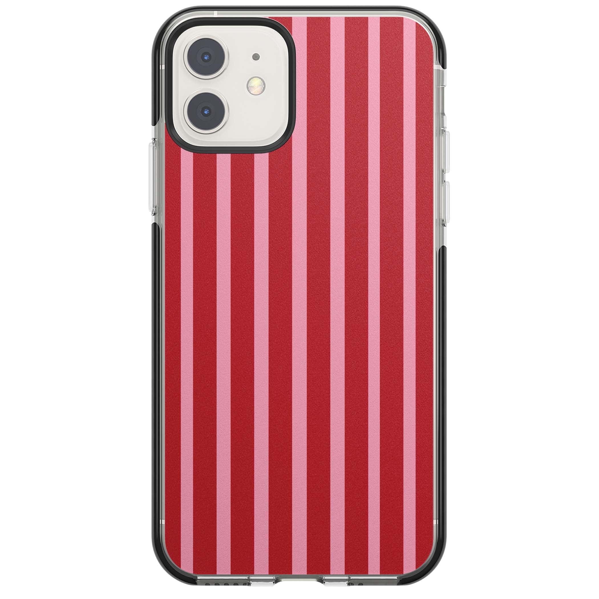 Raspberry Stripe coquette iPhone case featuring red and pink vertical stripes in a candy-inspired pattern | Black Impact case for iPhone 11, iPhone 12