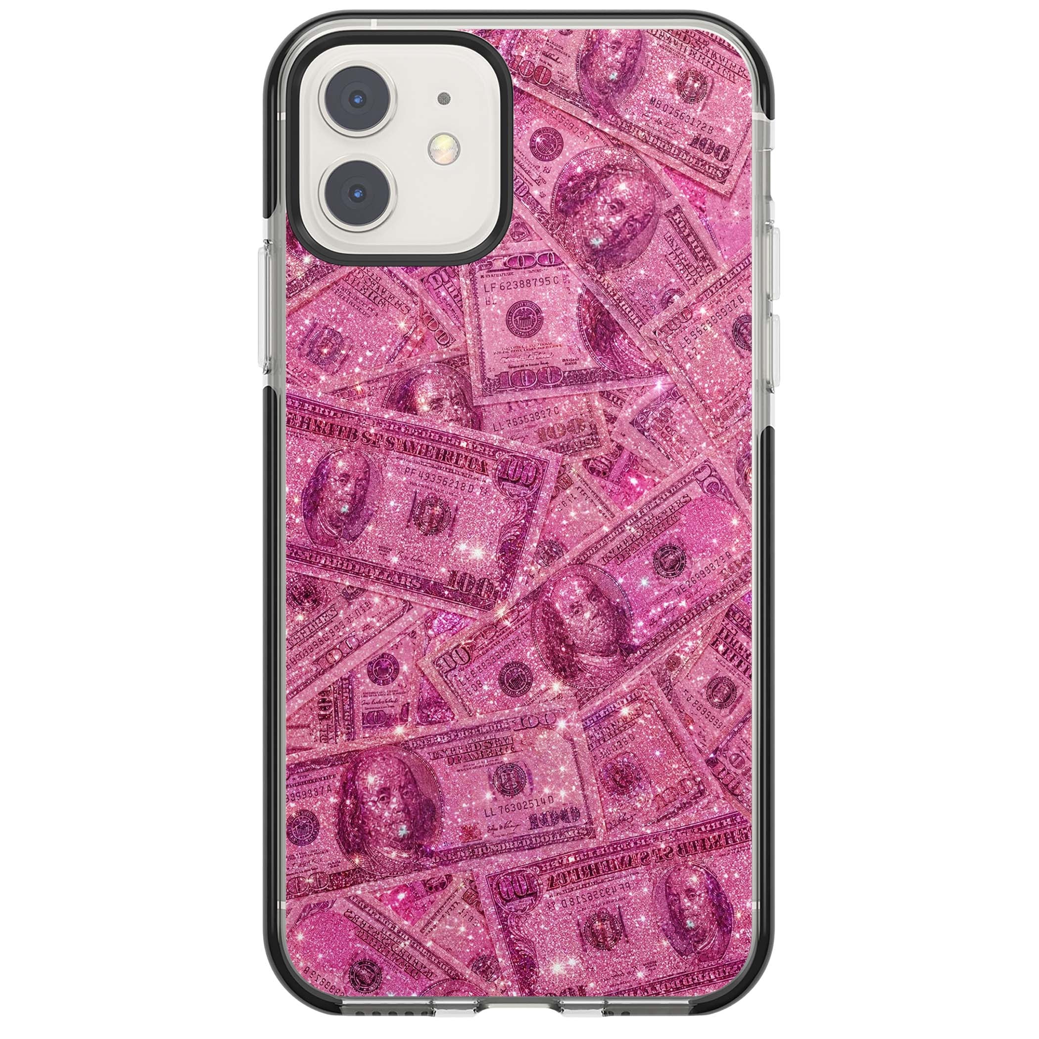 Glamorous baddie iPhone case featuring pink glitter hundred dollar bills and sparkling money wallpaper design | Black Impact case for iPhone 11, iPhone 12