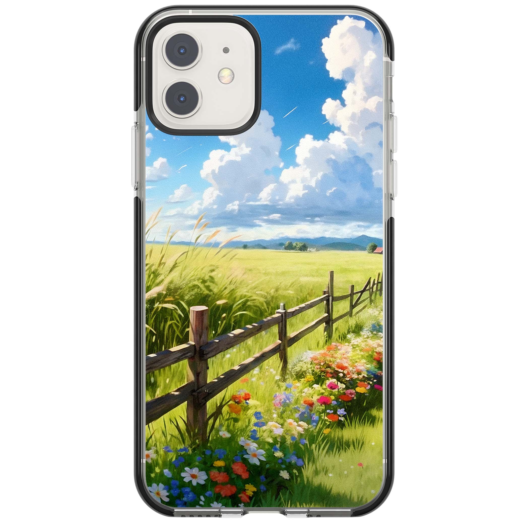 A Countryside Afternoon cottagecore iPhone case featuring a painted countryside meadow, wooden fence, and wildflowers beneath | Black Impact case for iPhone 11, iPhone 12