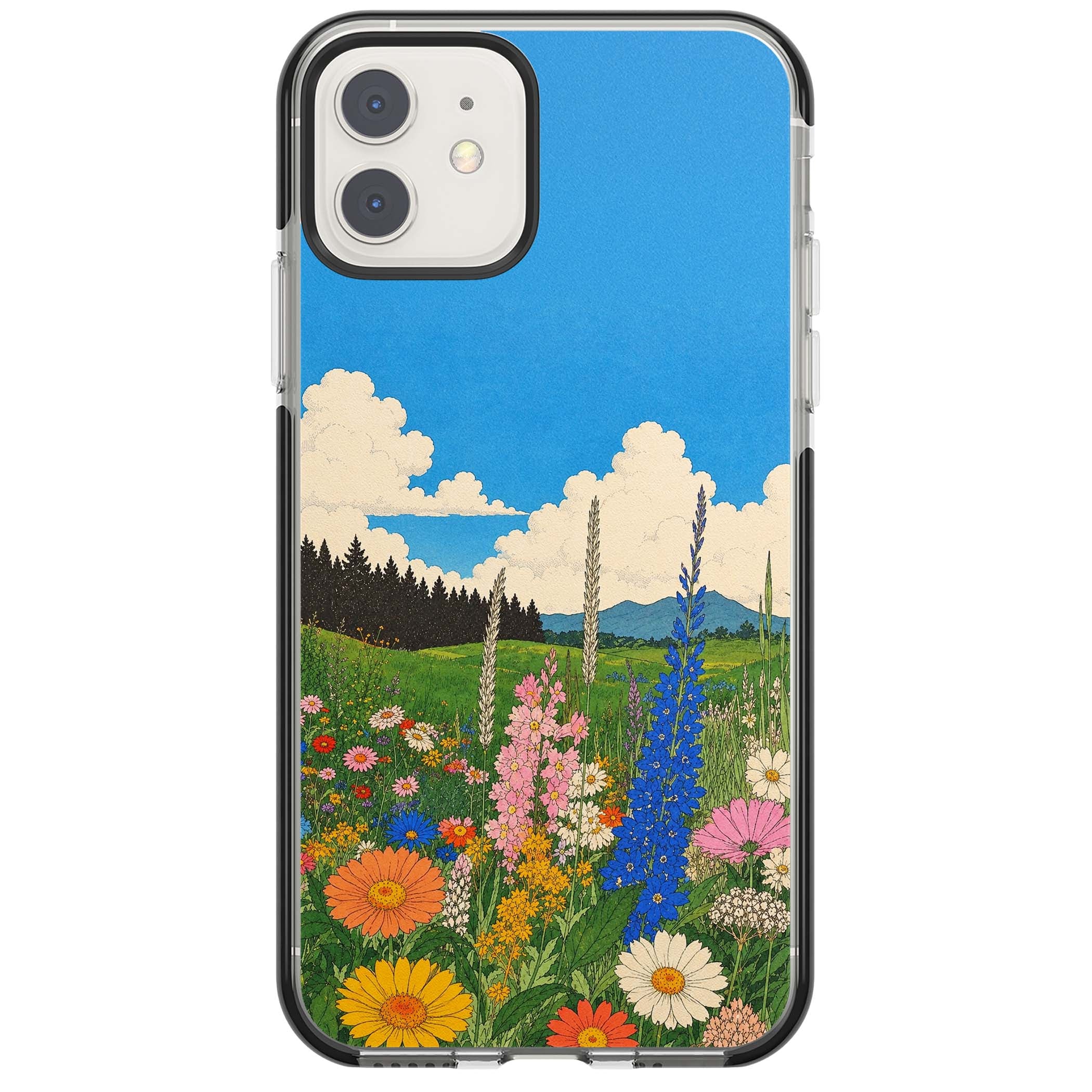 Wildbloom wildflower iPhone case featuring a vintage Japanese-style meadow landscape with daisies, delphiniums and moun | Black Impact case for iPhone 11, iPhone 12