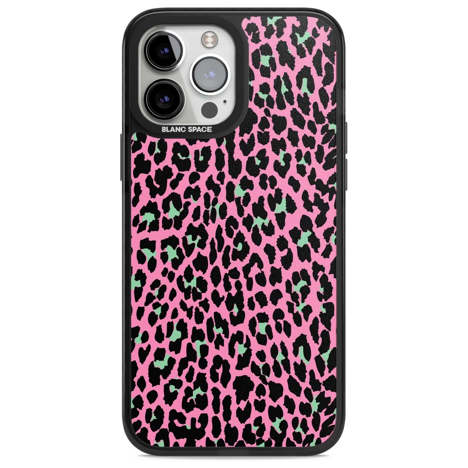 Green on Pink Leopard Print Pattern Phone Case iPhone 13 Pro Max / Magsafe Black Impact Case Blanc Space